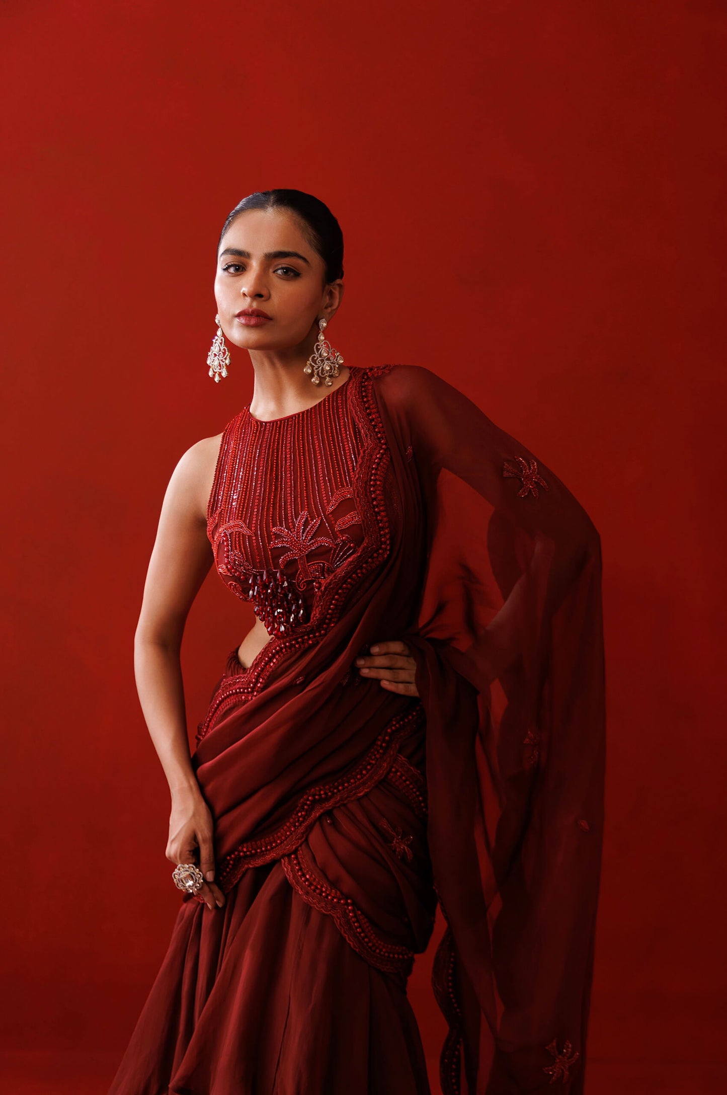 Maroon ruffle saree set