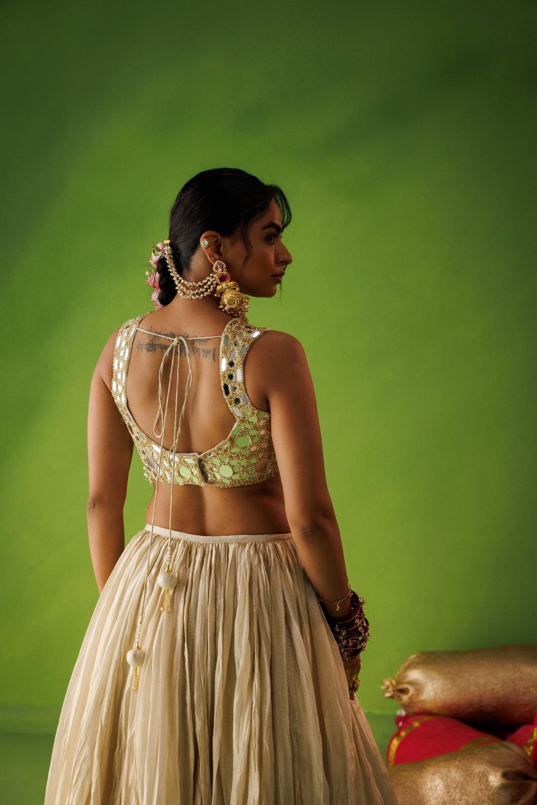 Beige Crushed Tissue Lehenga Set With Blue Dupatta