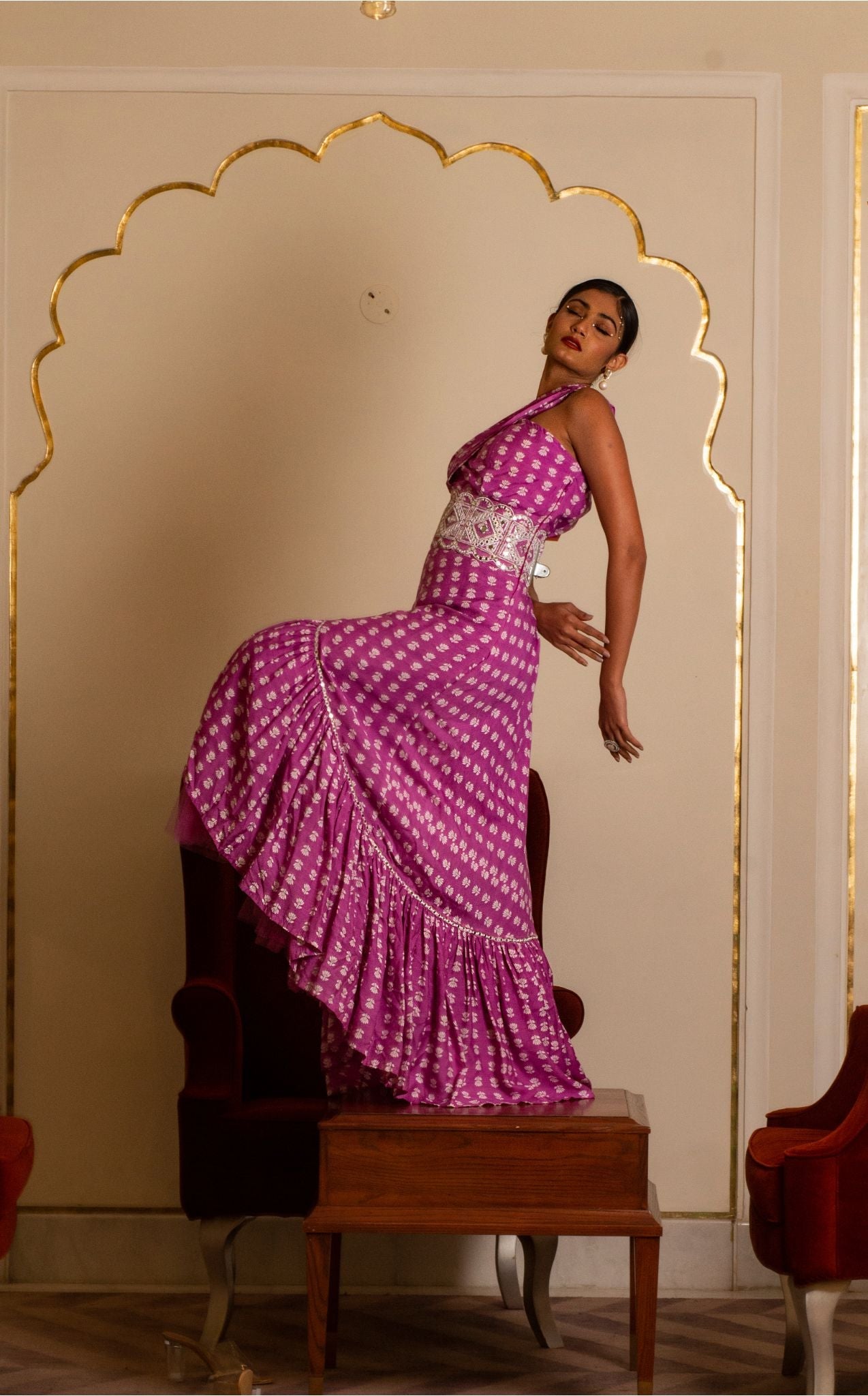 Purple printed one shoulder long dress
