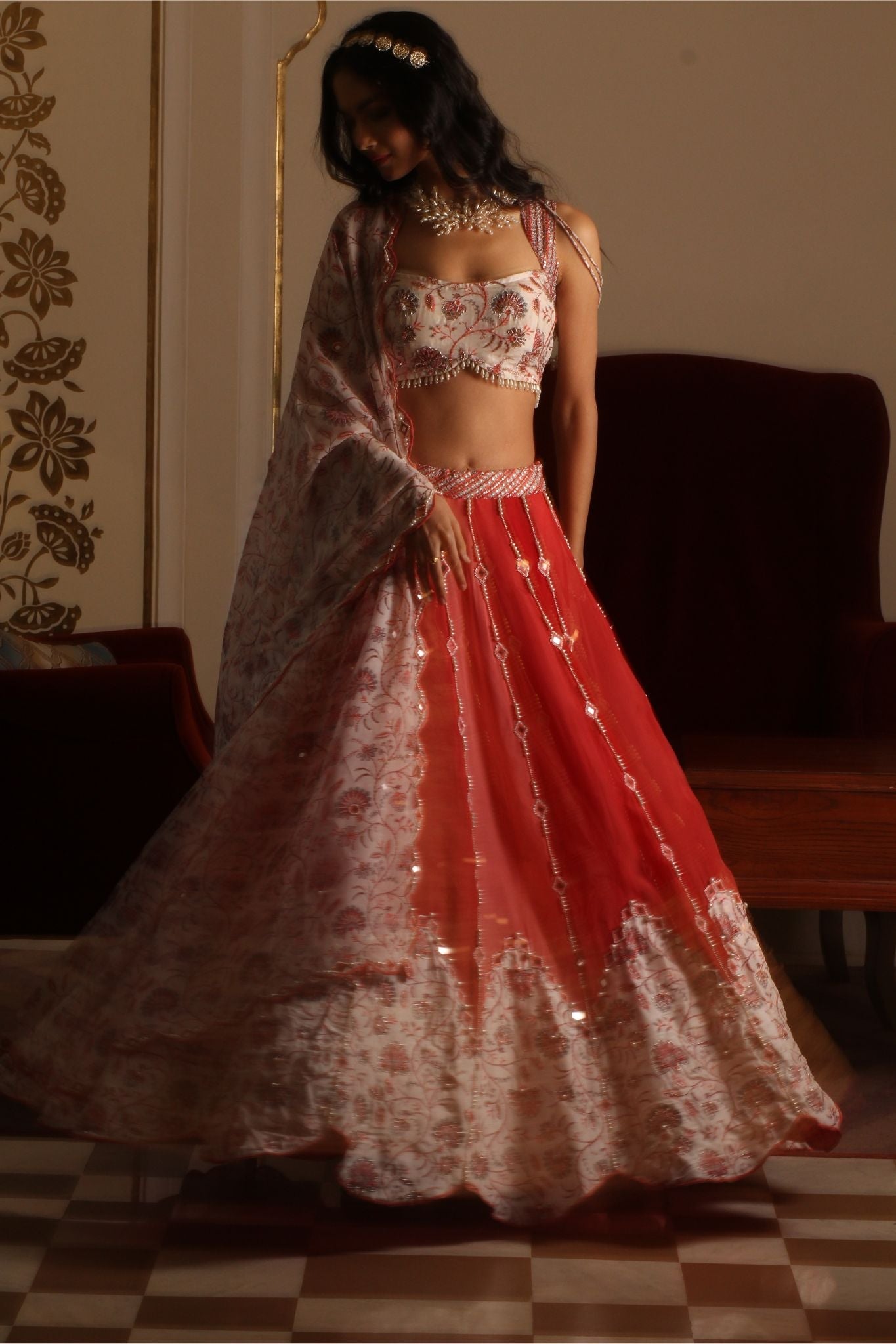Multi-coloured organza lehenga set