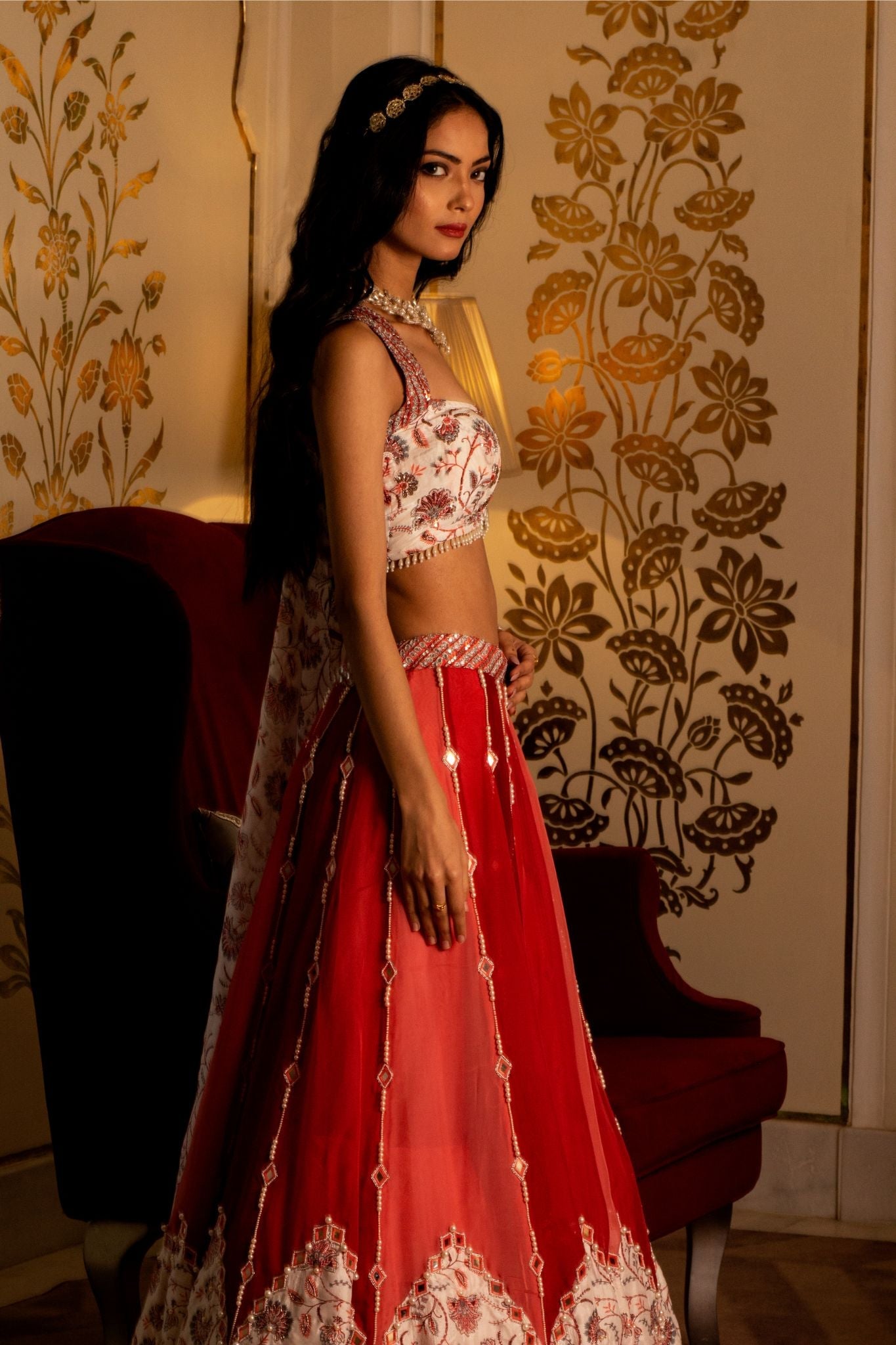 Multi-coloured organza lehenga set