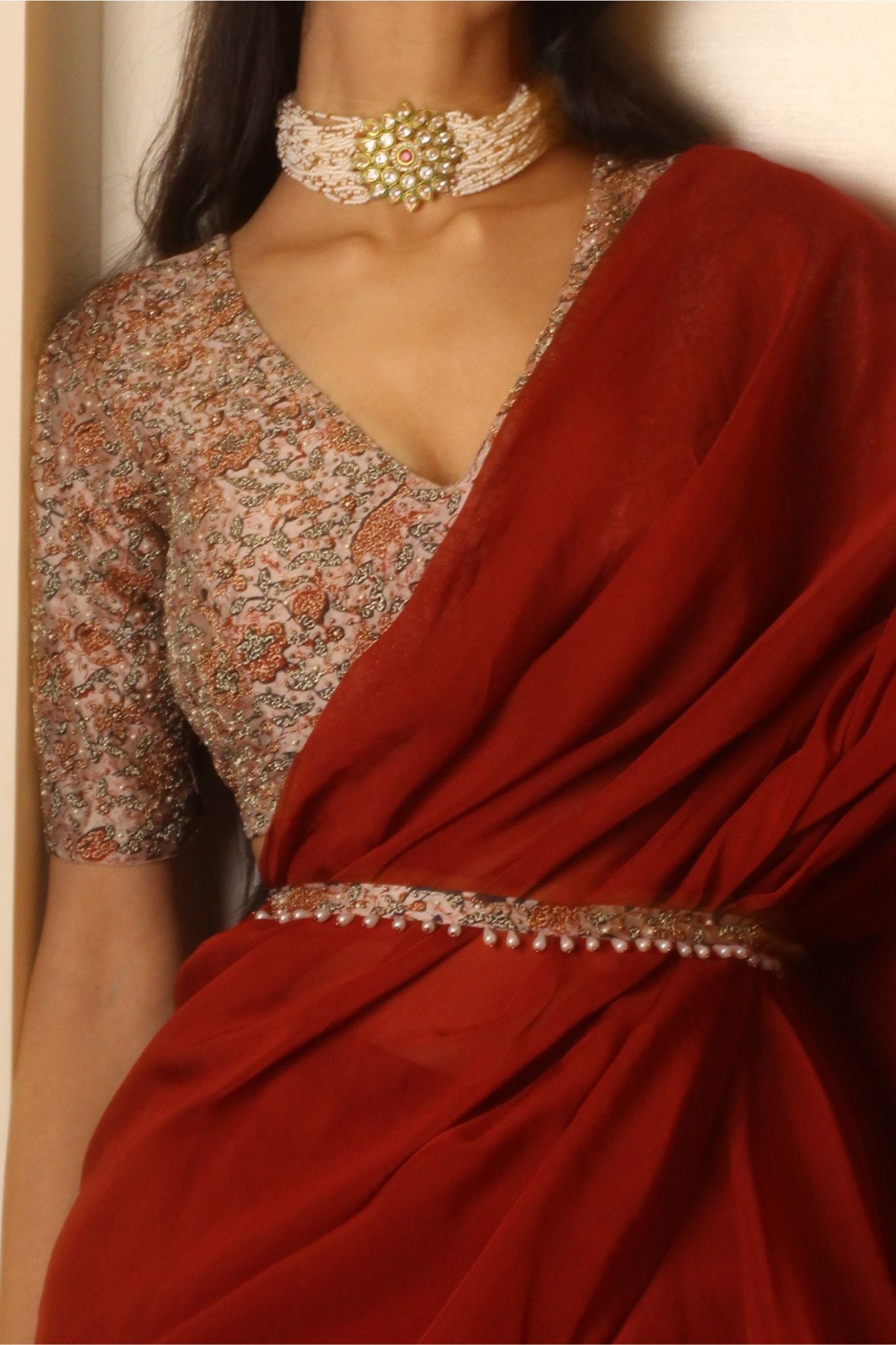 Rustic red organza ruffle saree set