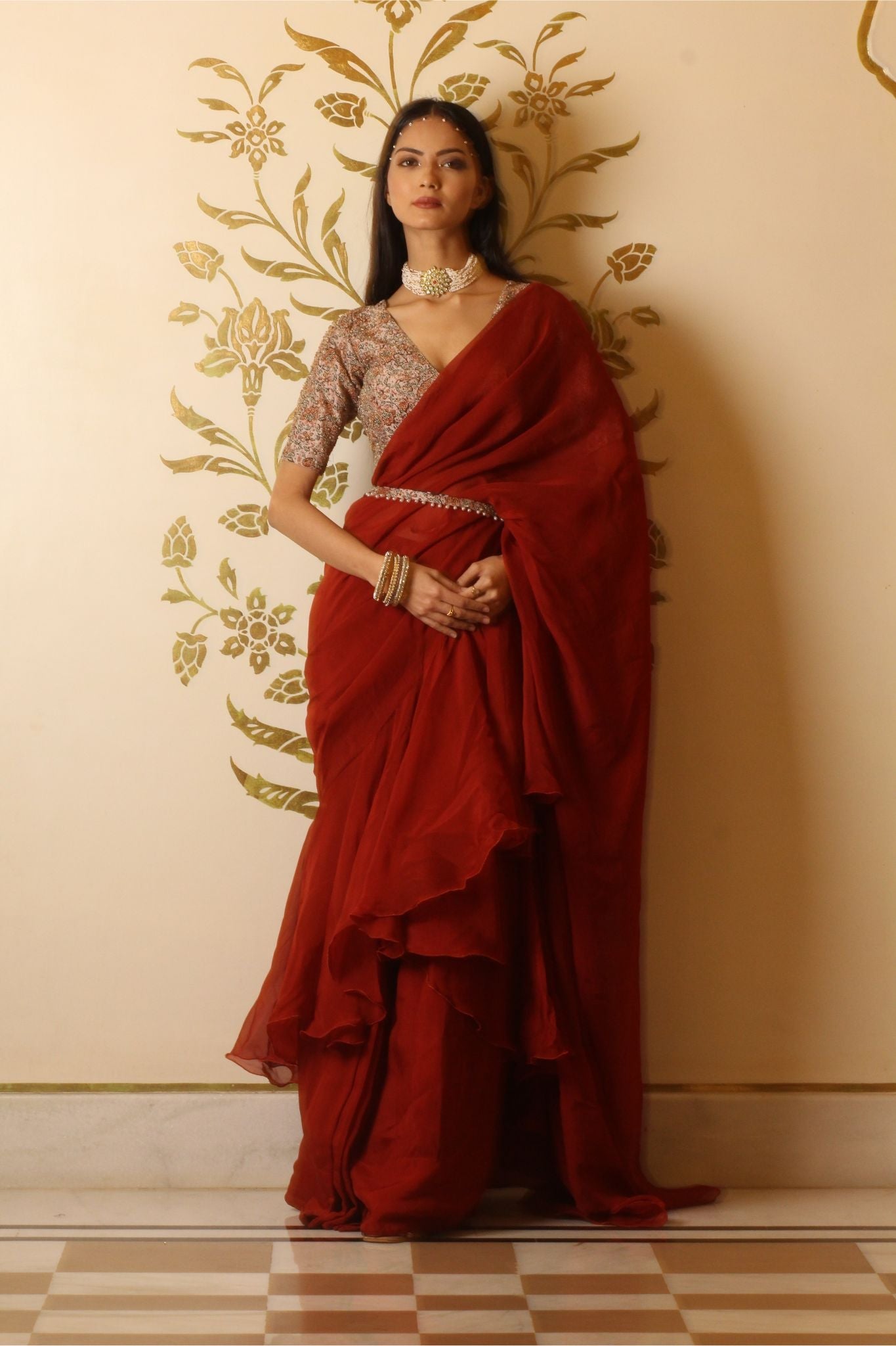 Rustic red organza ruffle saree set