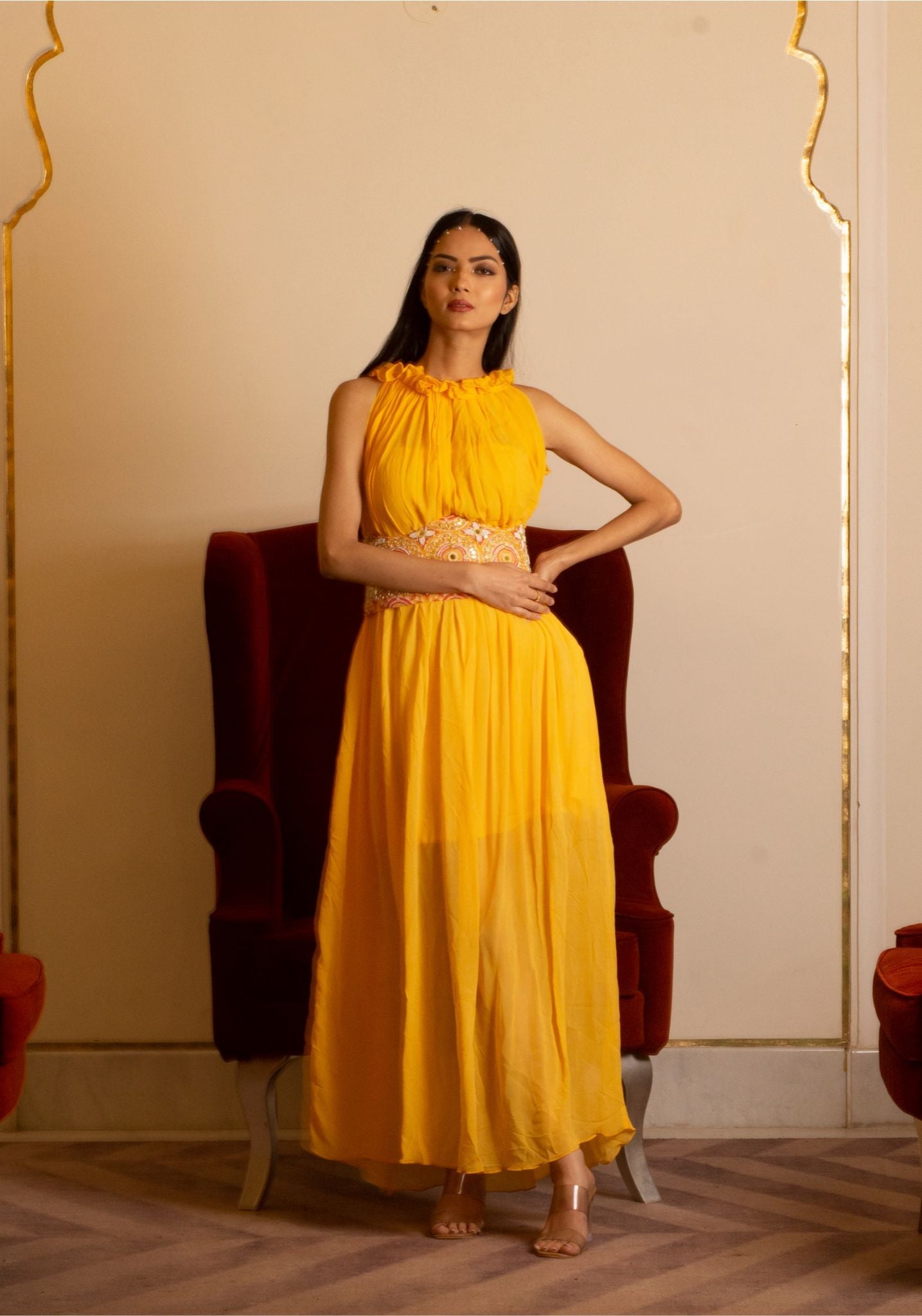 Yellow dress with corset belt