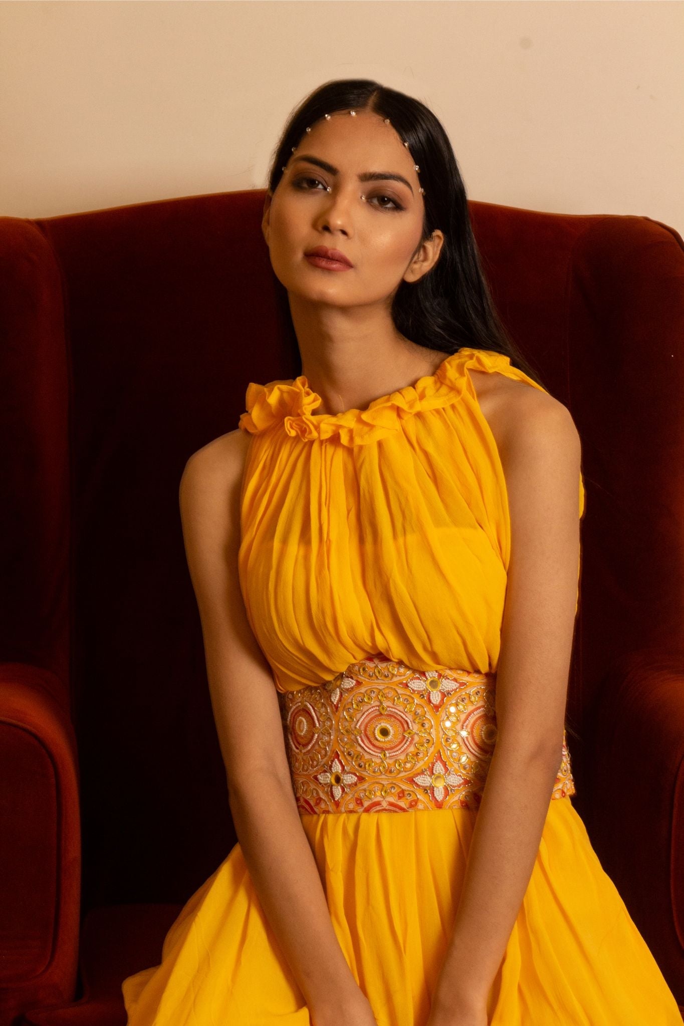 Yellow dress with corset belt