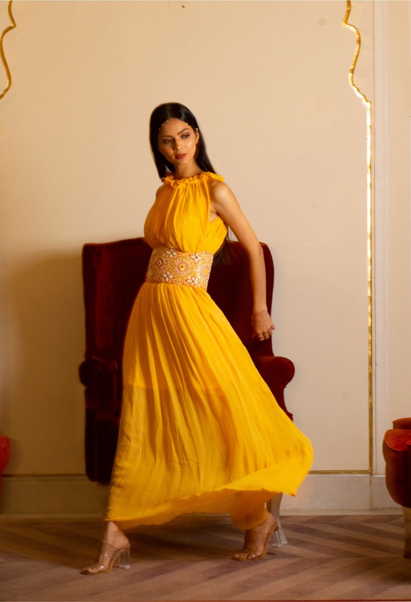 Yellow dress with corset belt