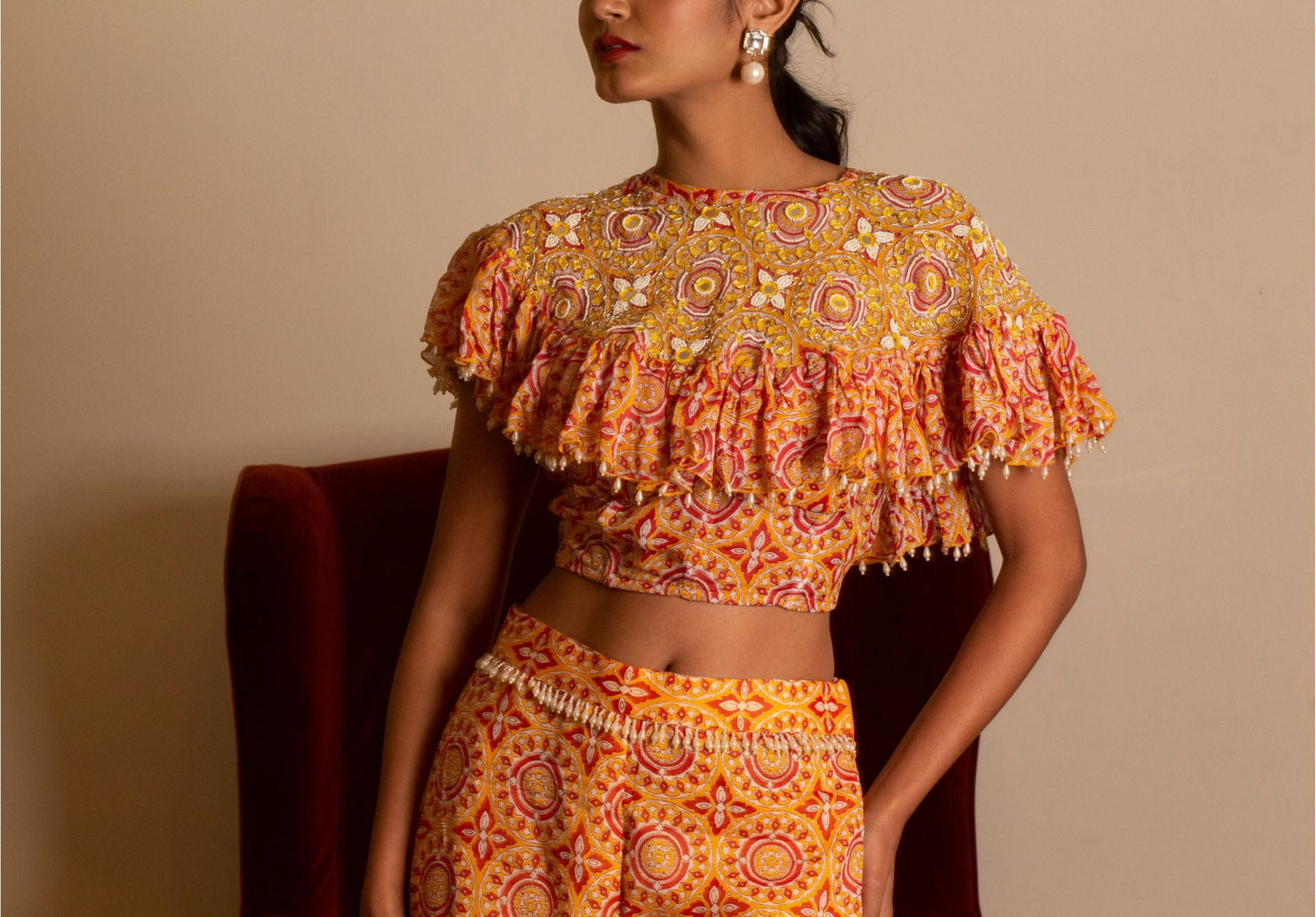 Yellow printed sharara set with cape