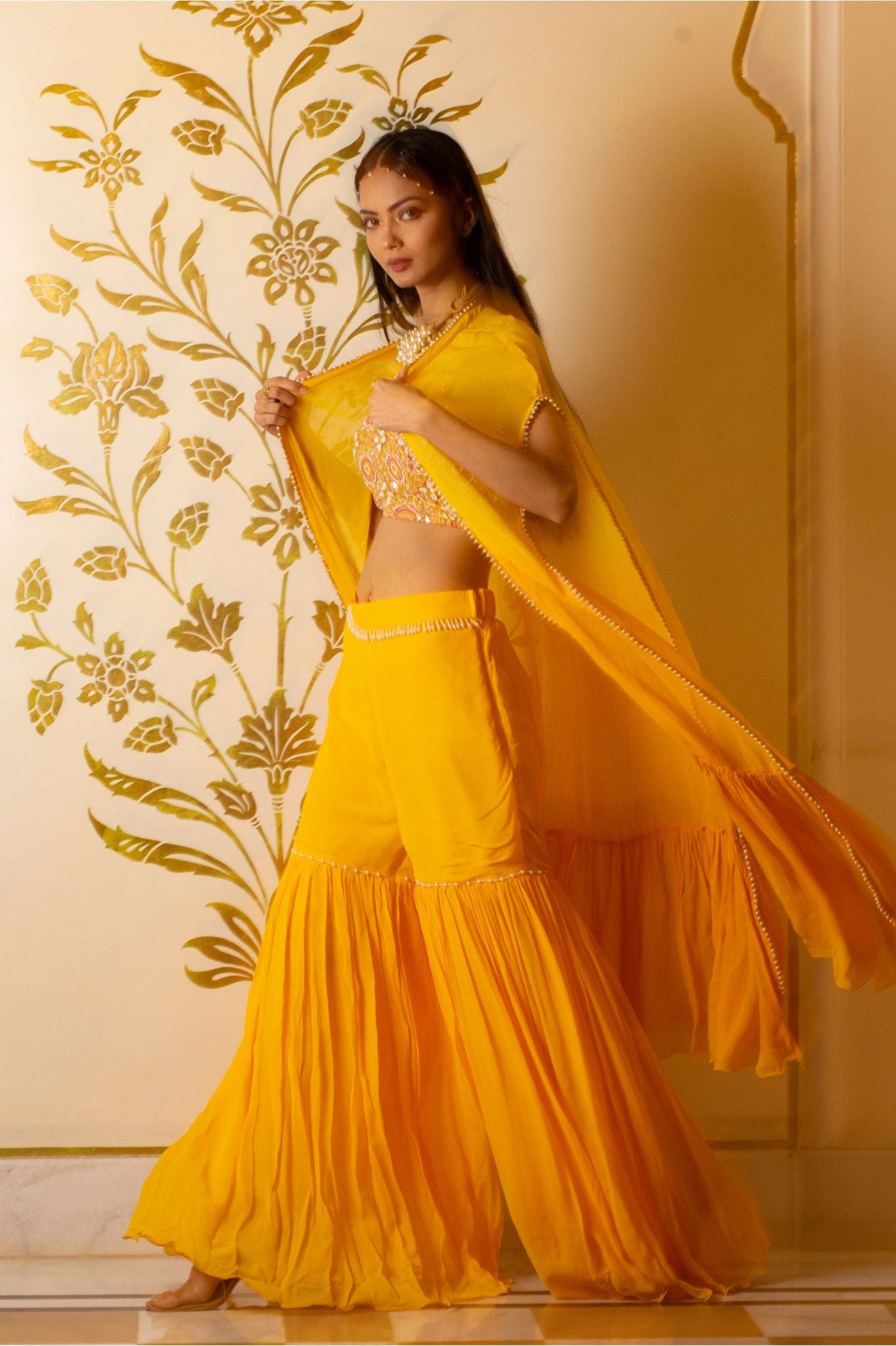 Yellow sharara set with shrug