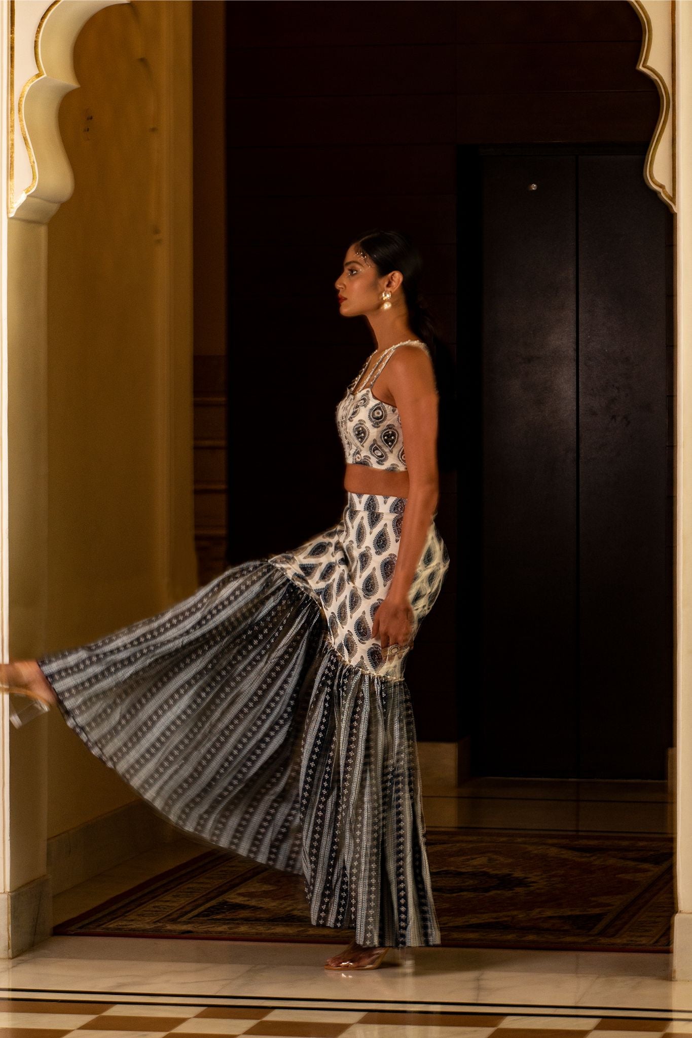 White and blue printed sharara set