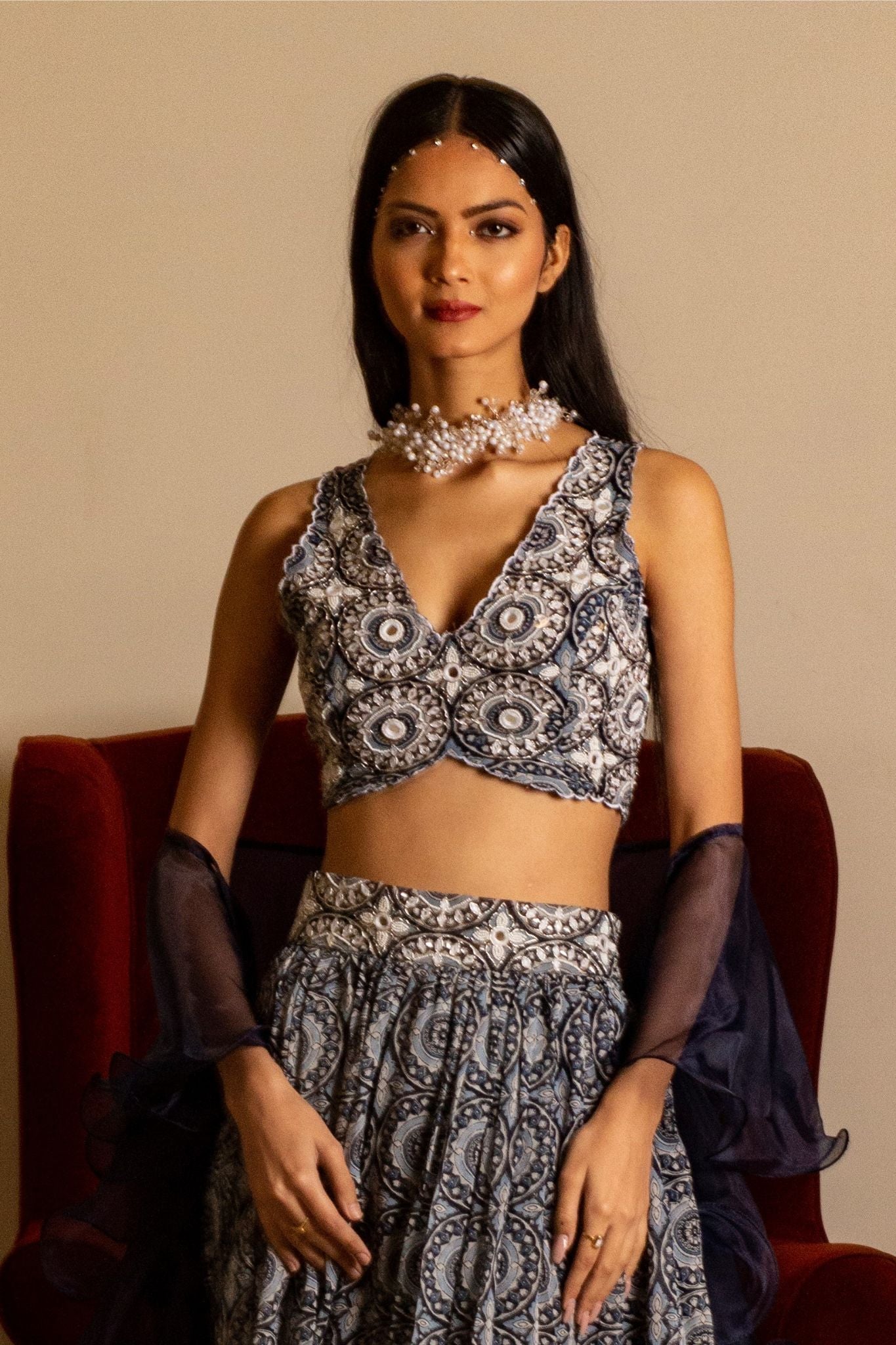 Blue printed skirt and blouse set