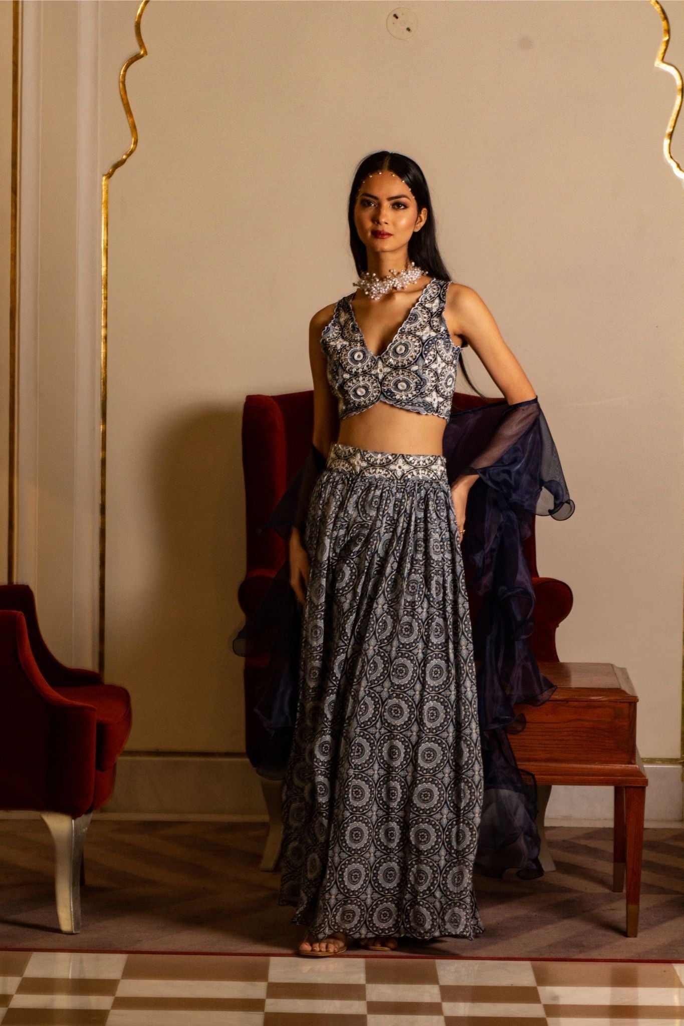 Blue printed skirt and blouse set