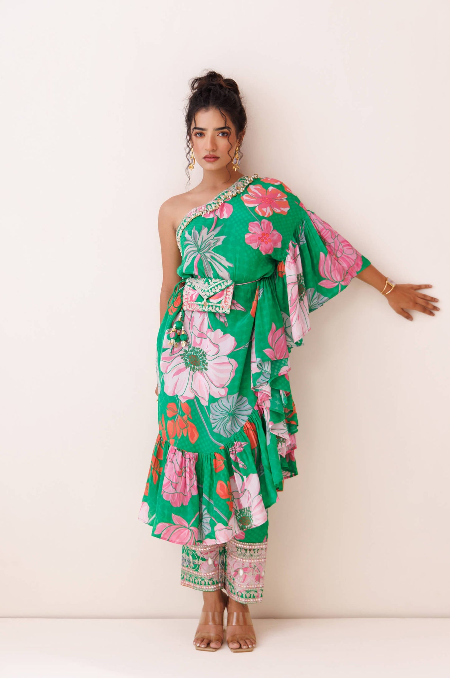 Green one-shoulder co-ord set