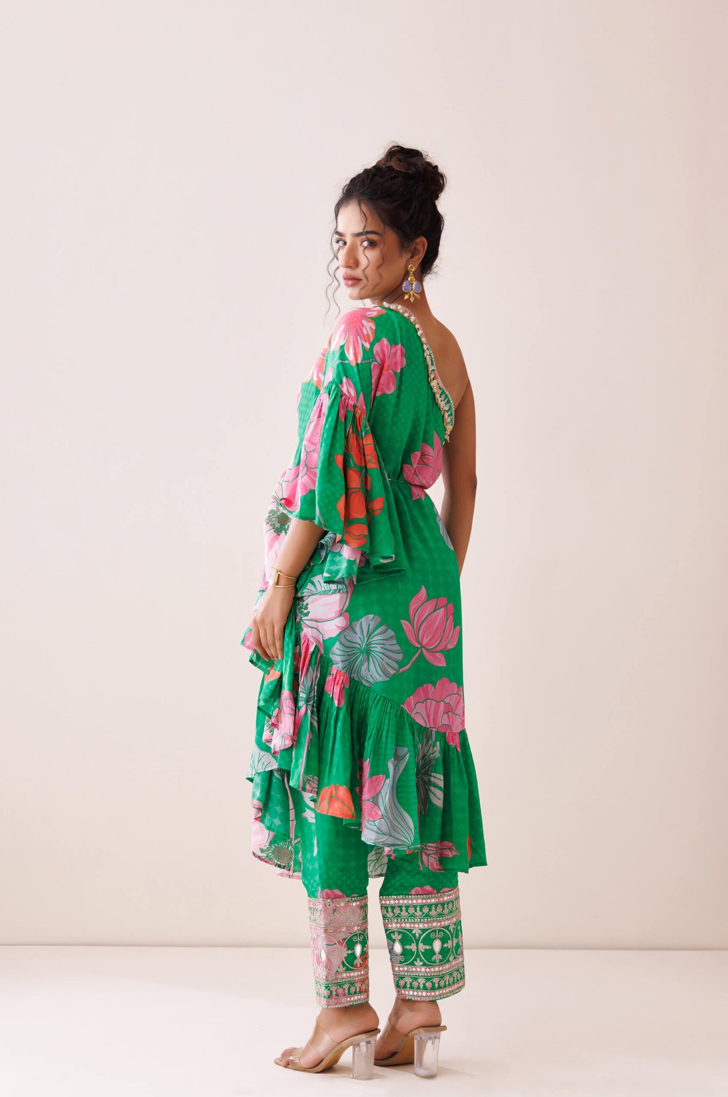 Green one-shoulder co-ord set