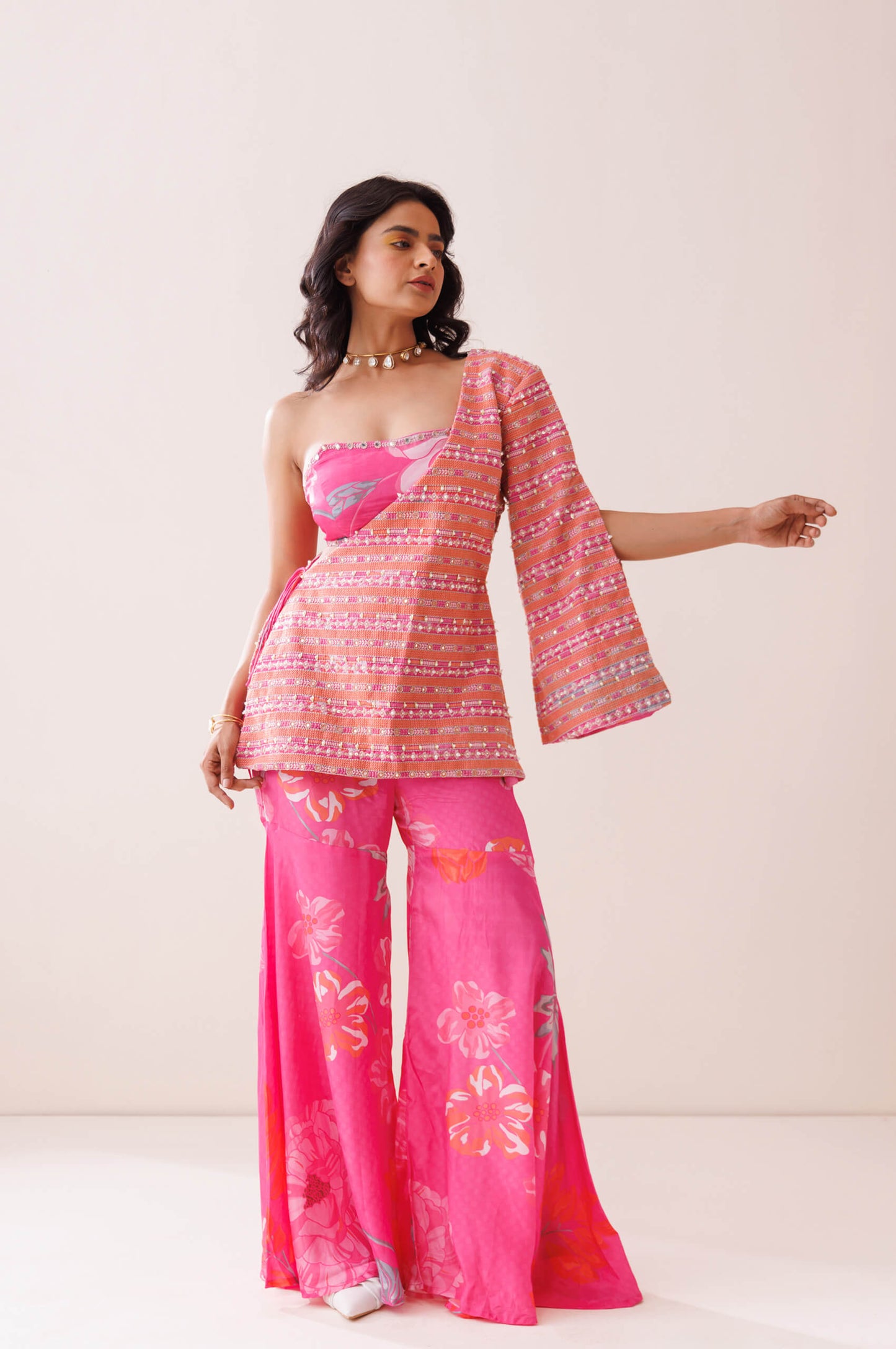 Pink one-shoulder blazer set