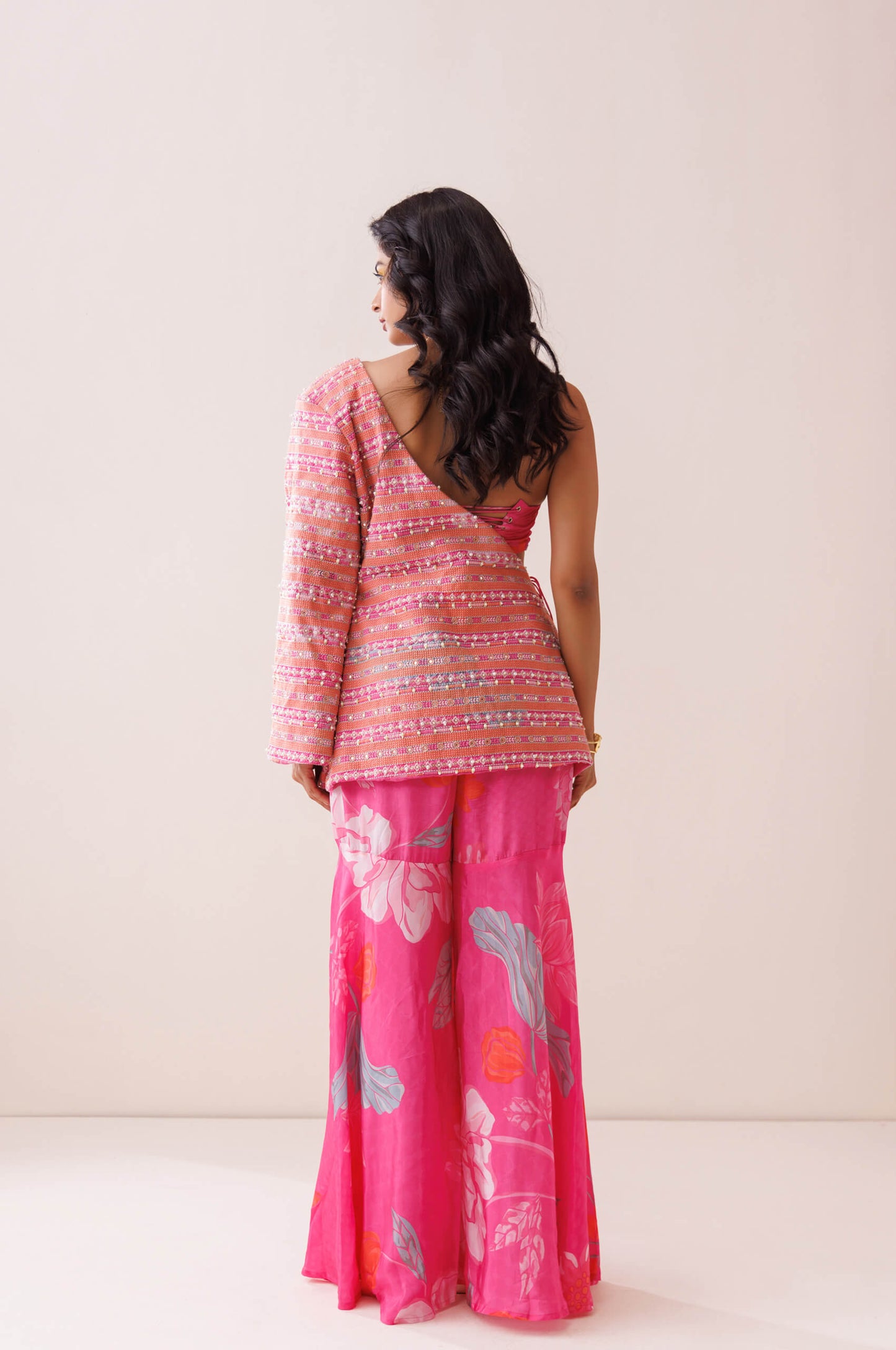 Pink one-shoulder blazer set