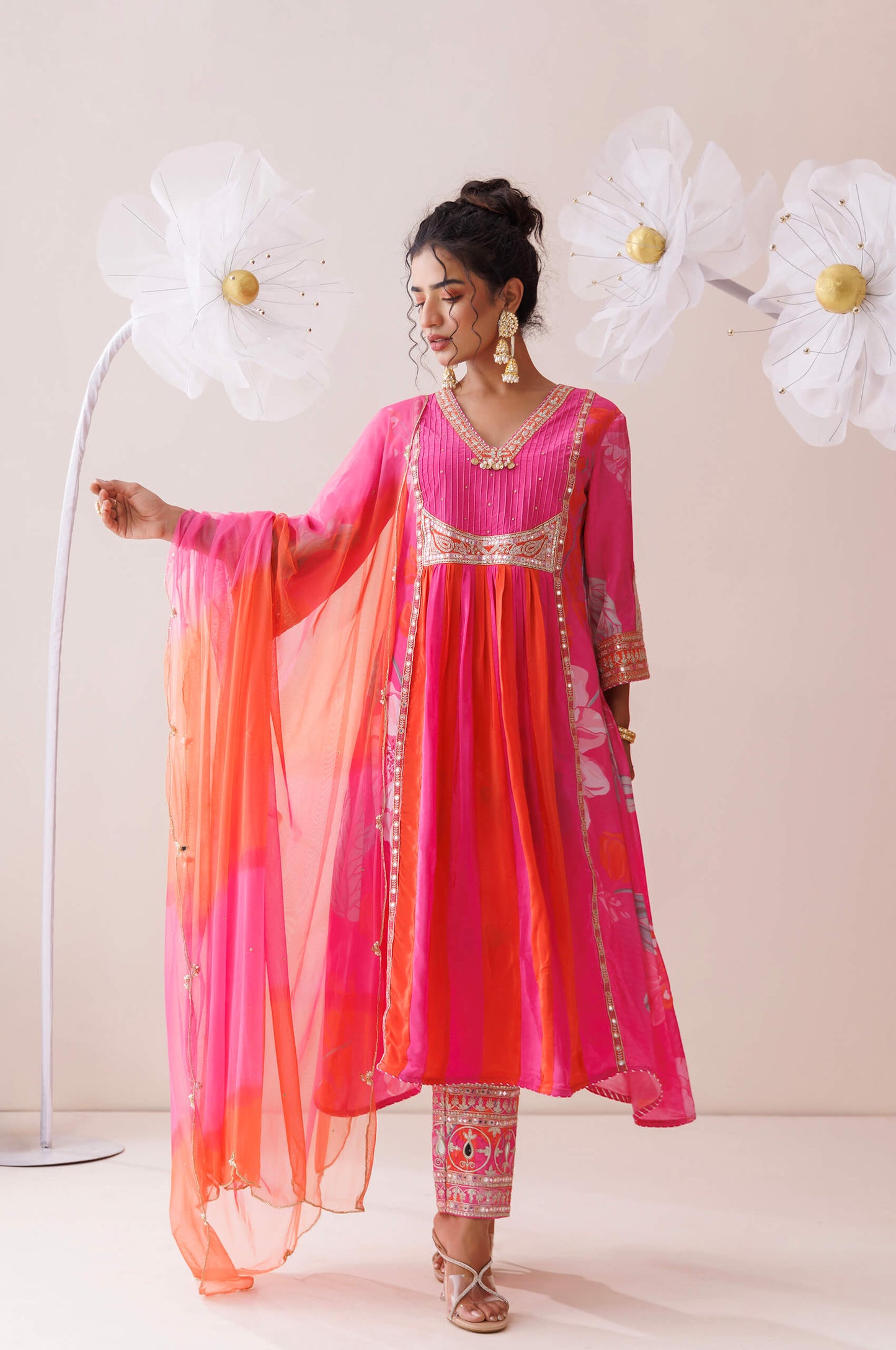 Pink and orange dori work kurta set