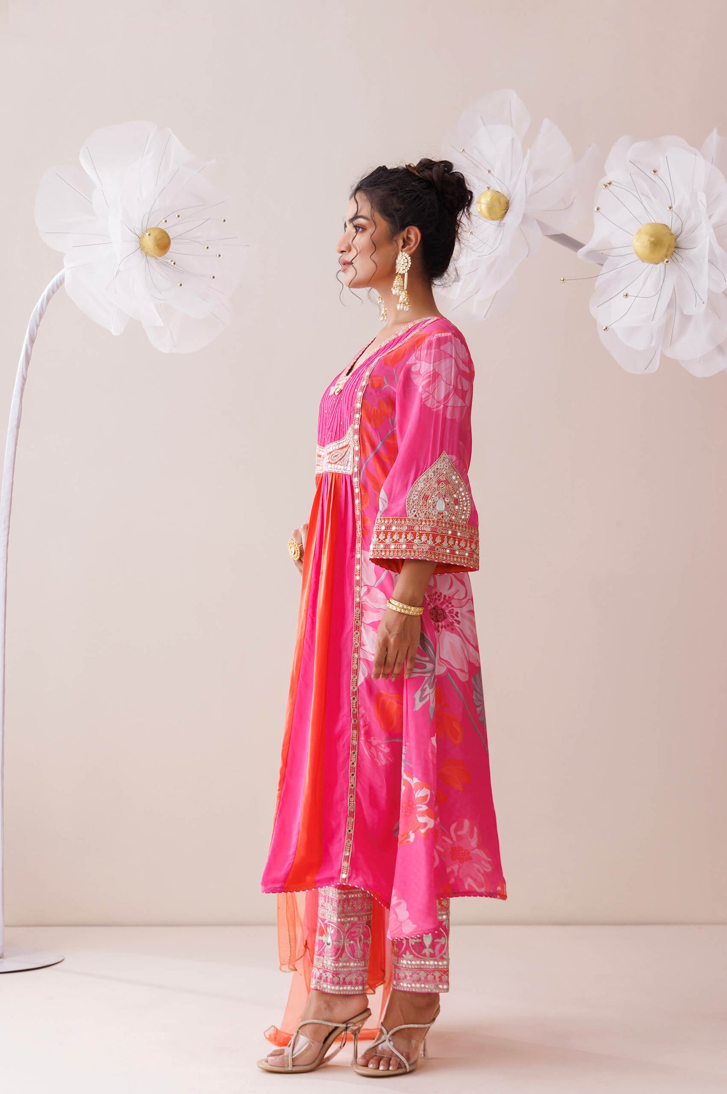 Pink and orange dori work kurta set
