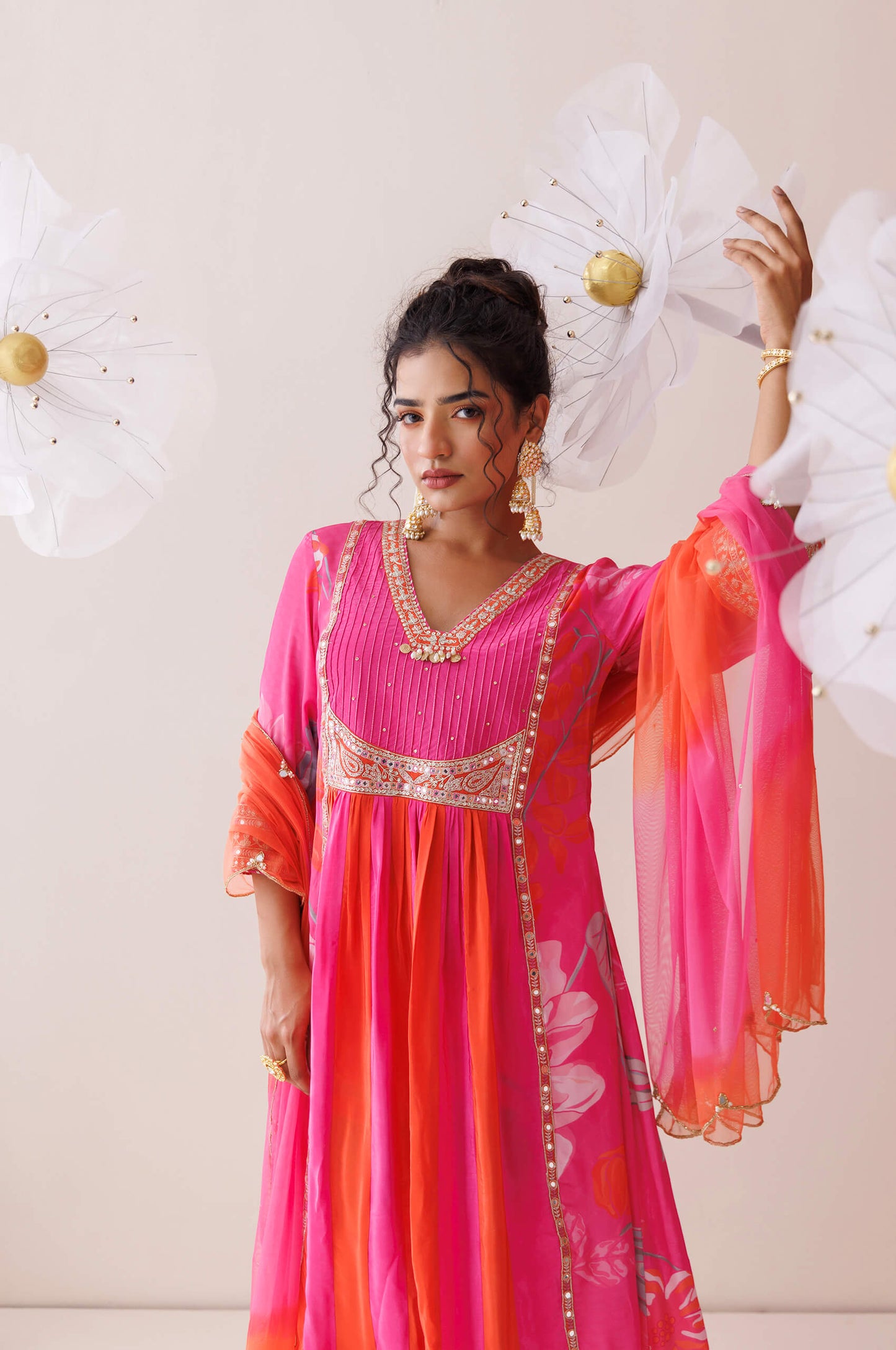 Pink and orange dori work kurta set