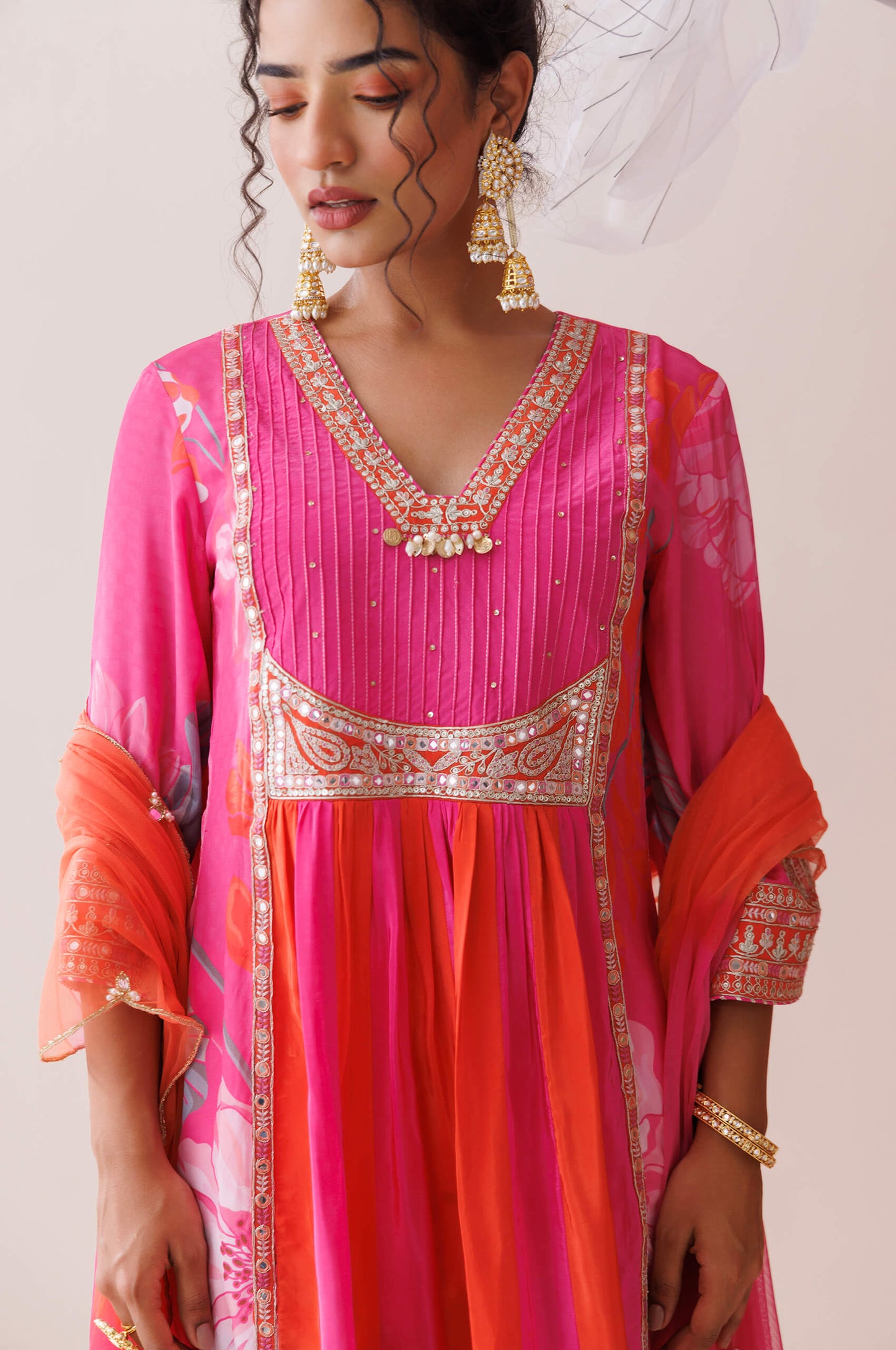 Pink and orange dori work kurta set