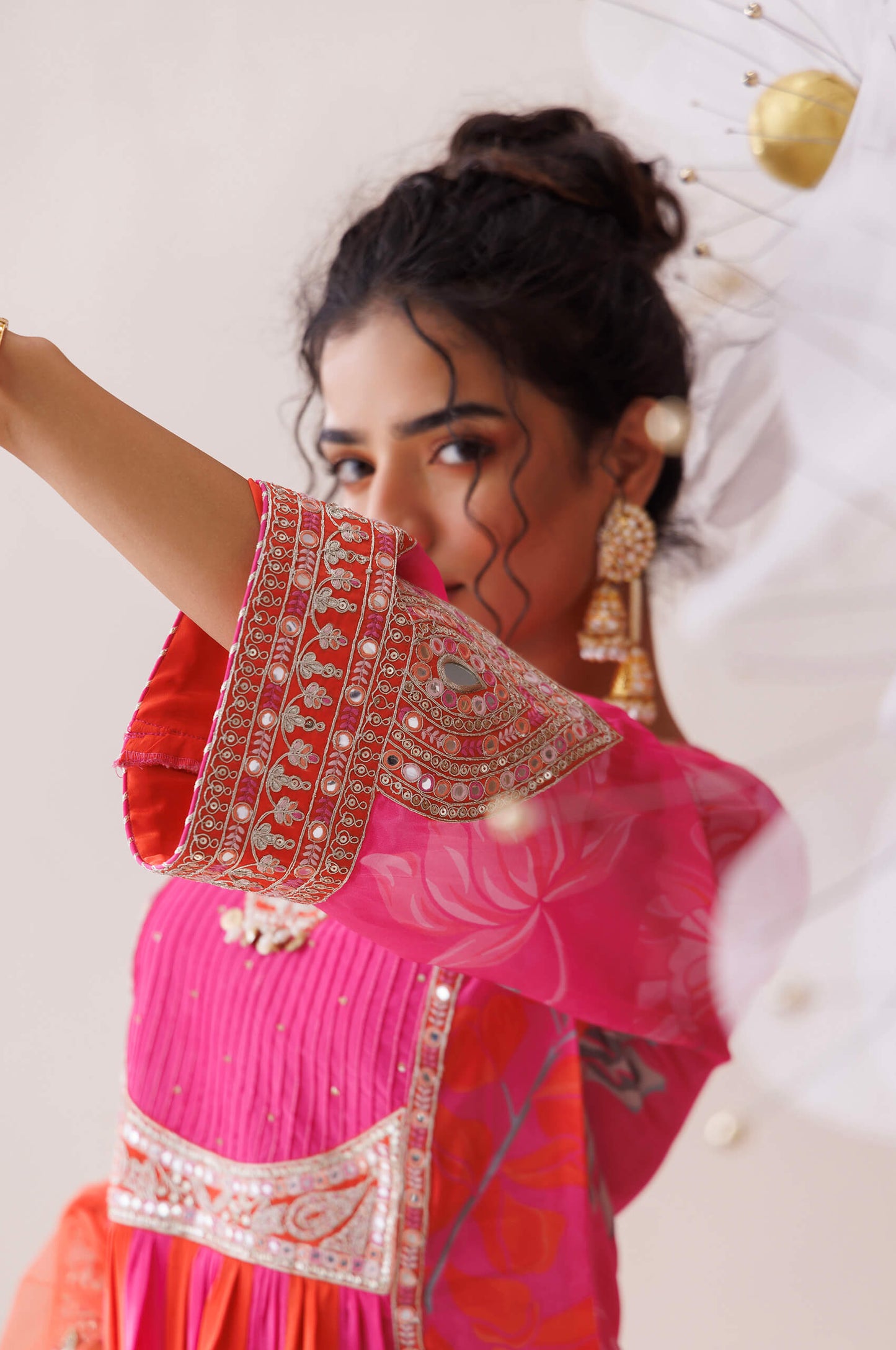 Pink and orange dori work kurta set