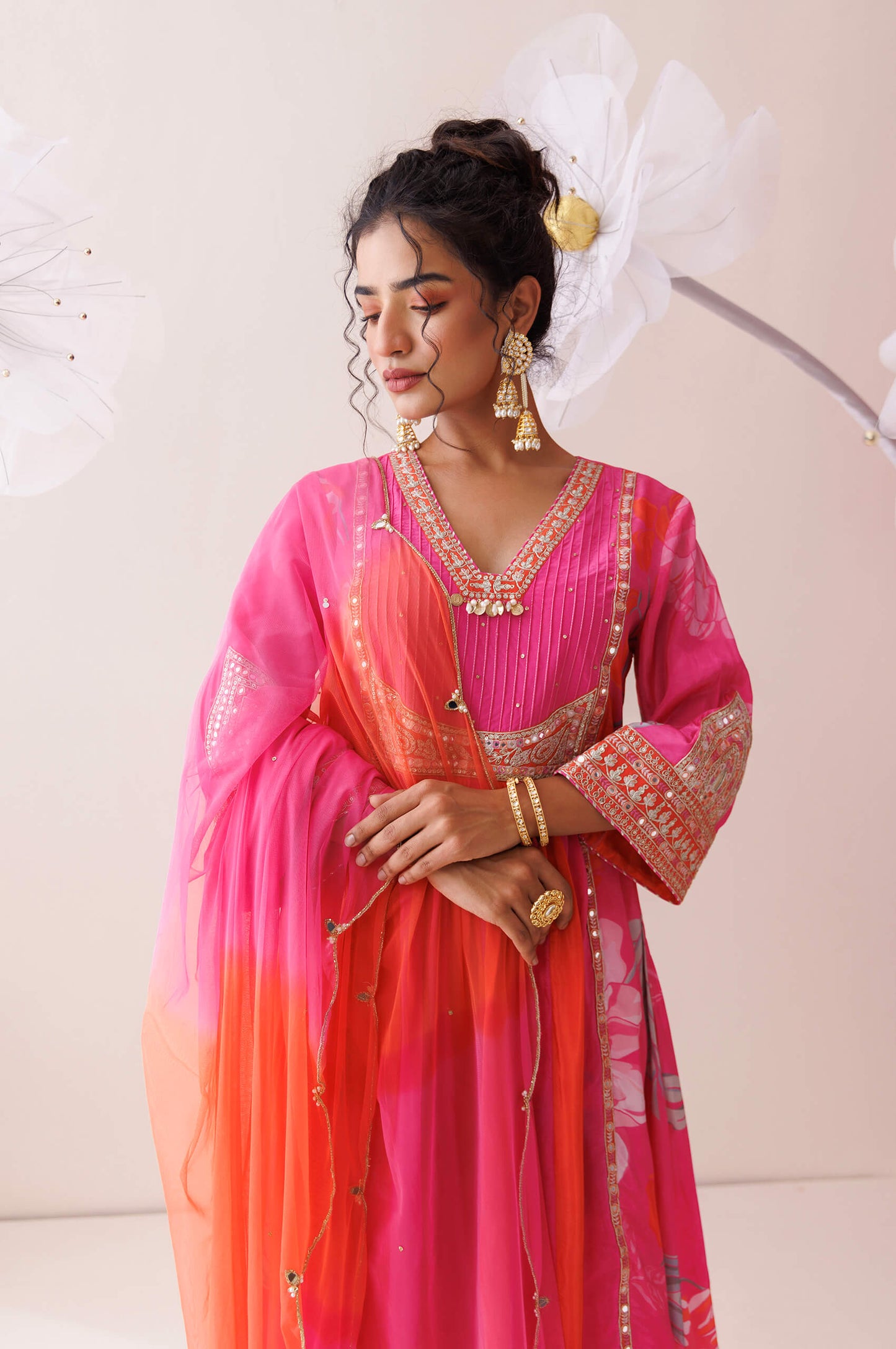 Pink and orange dori work kurta set