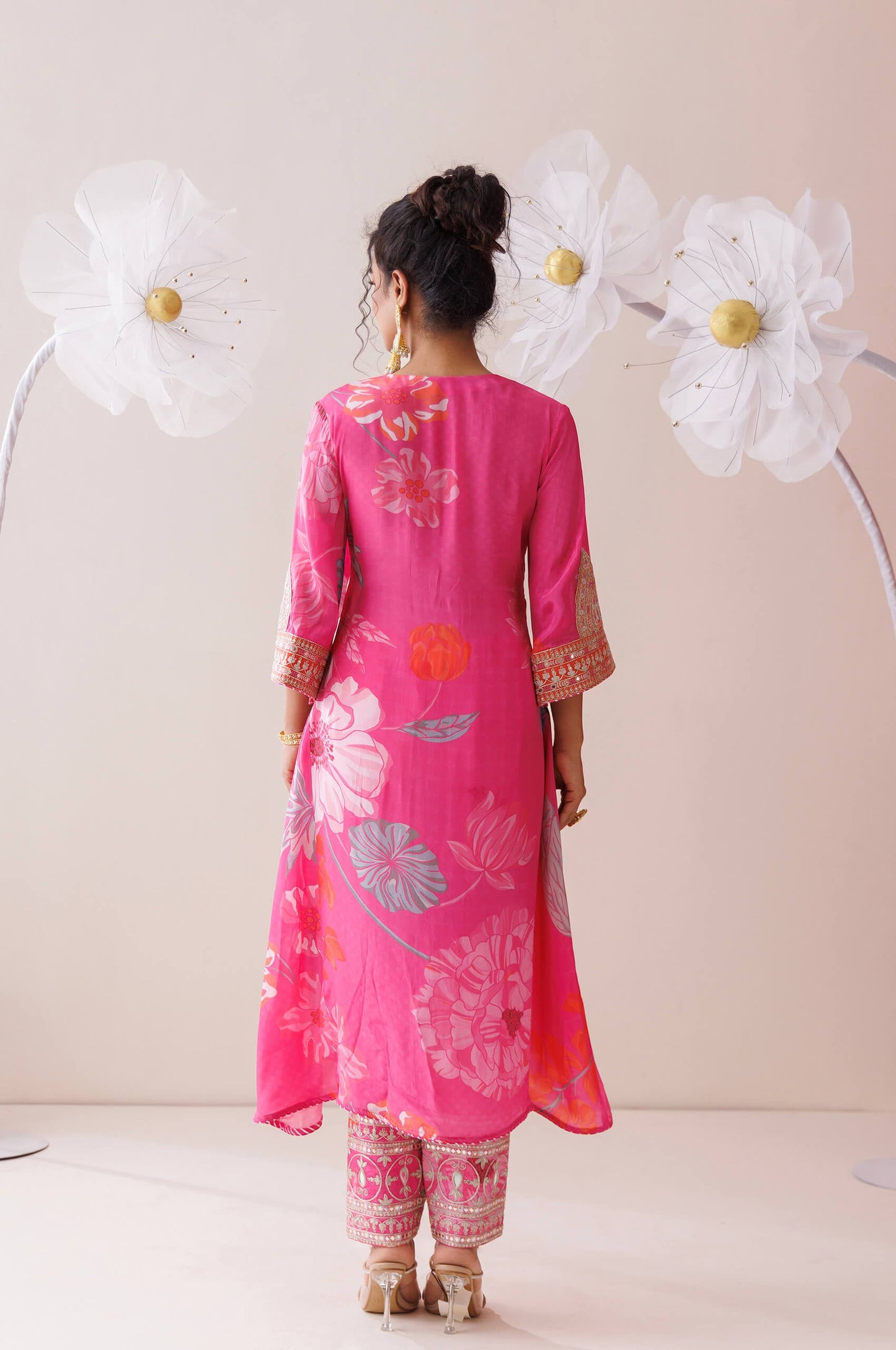 Pink and orange dori work kurta set