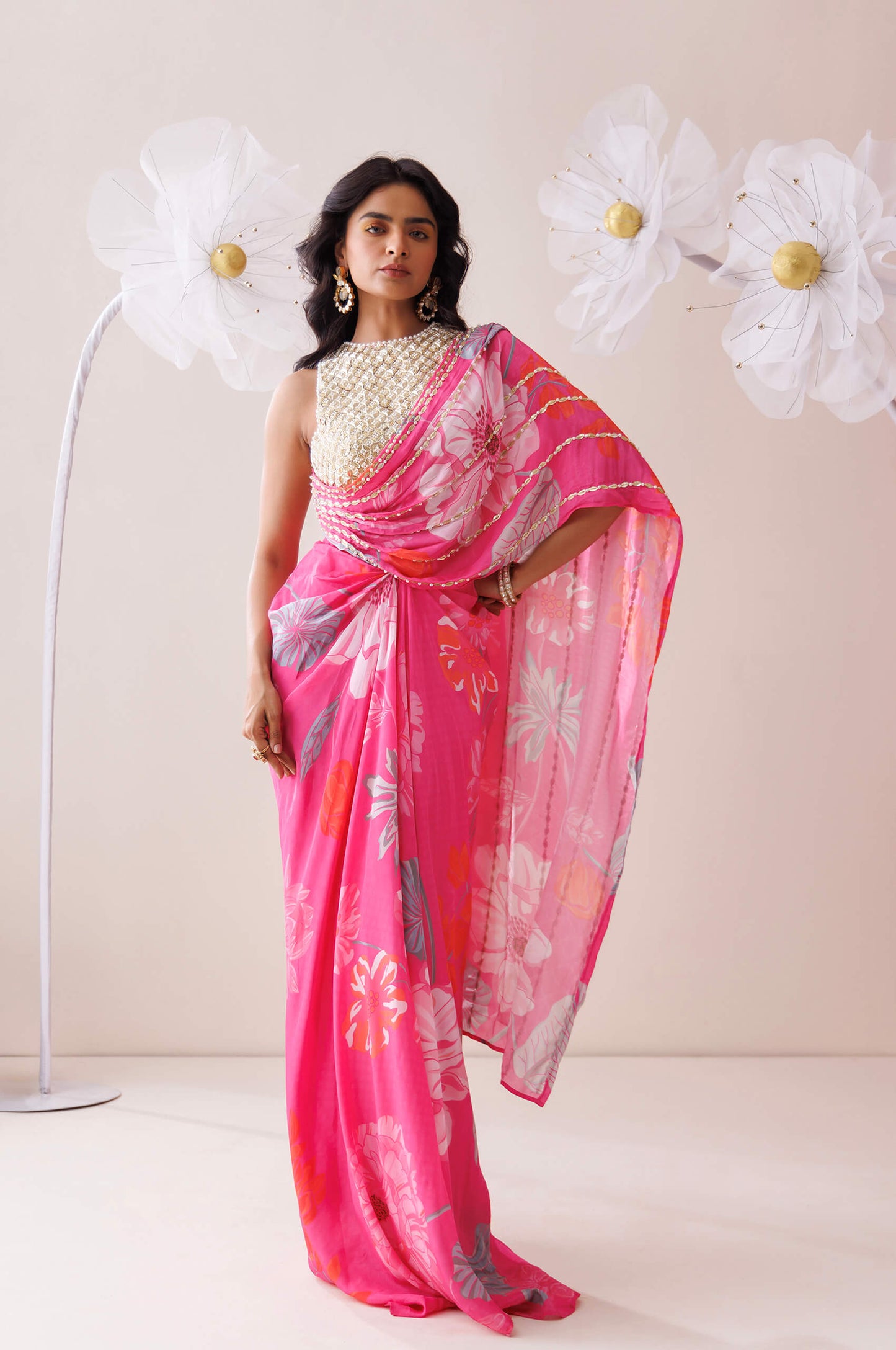 Pink and golden saree style co-ord set