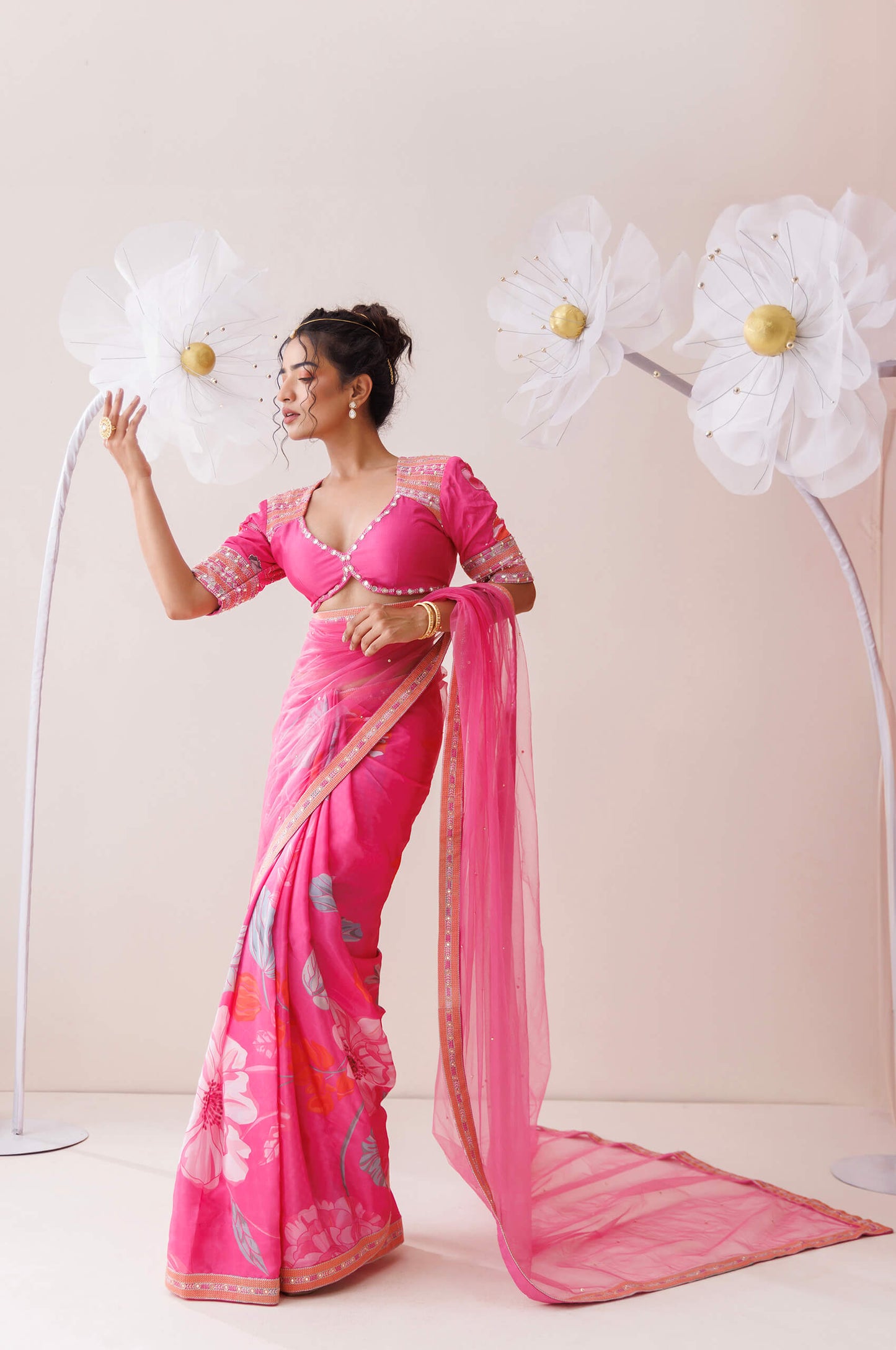 Pink net saree