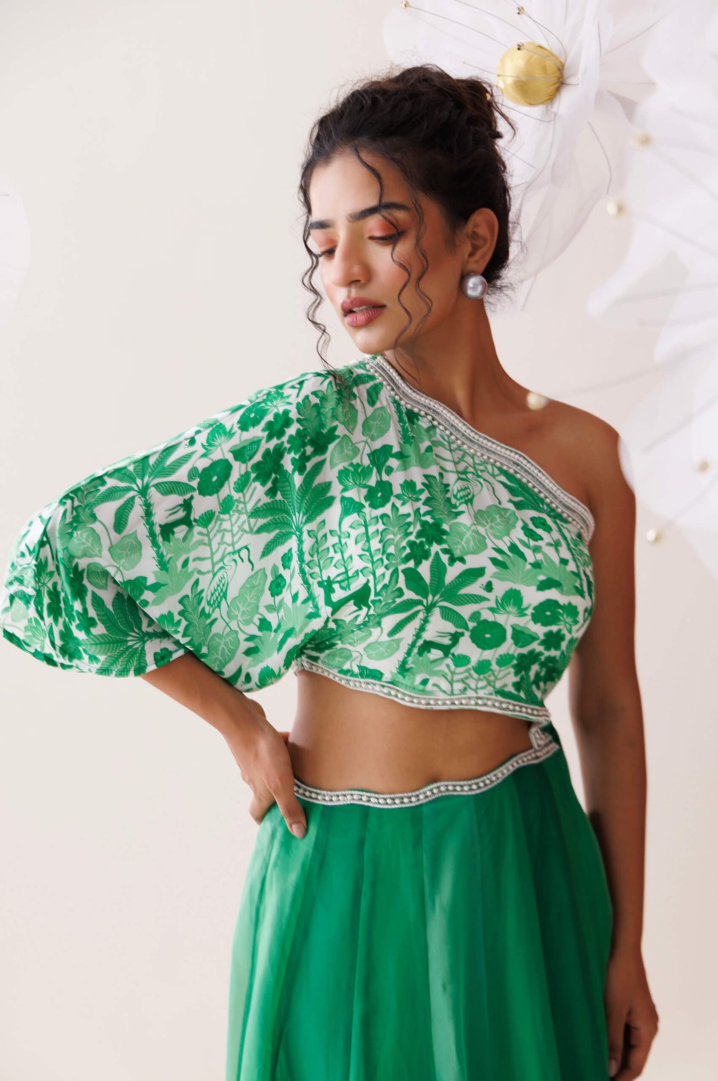 Verde ombre one-shoulder dress