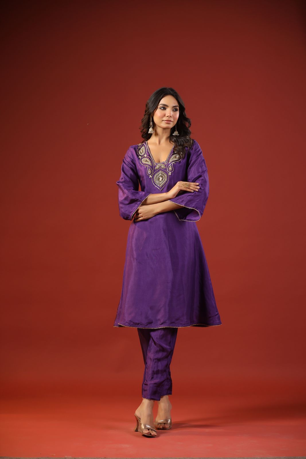 Purple A-line Kurta Set