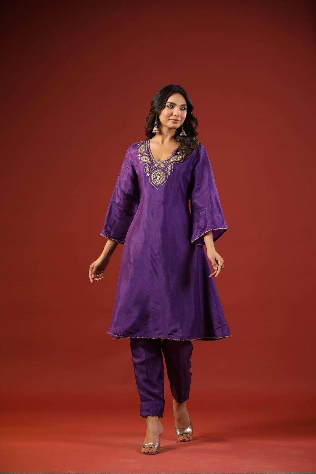 Purple A-line Kurta Set