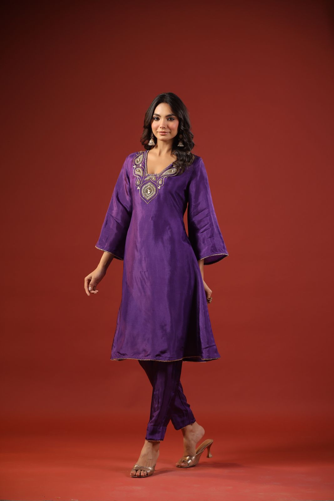 Purple A-line Kurta Set