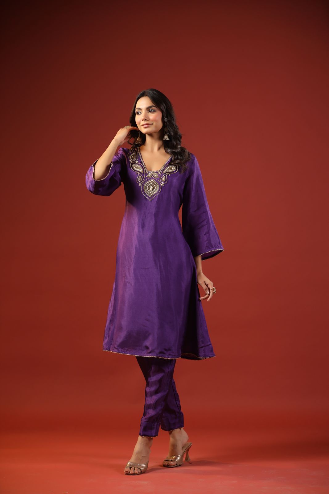 Purple A-line Kurta Set