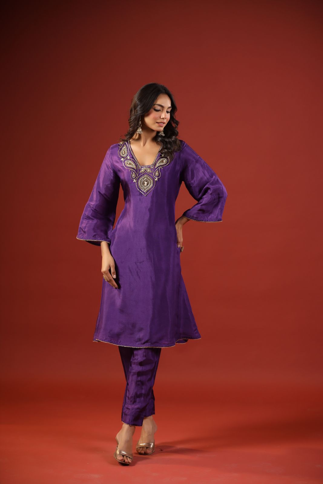 Purple A-line Kurta Set