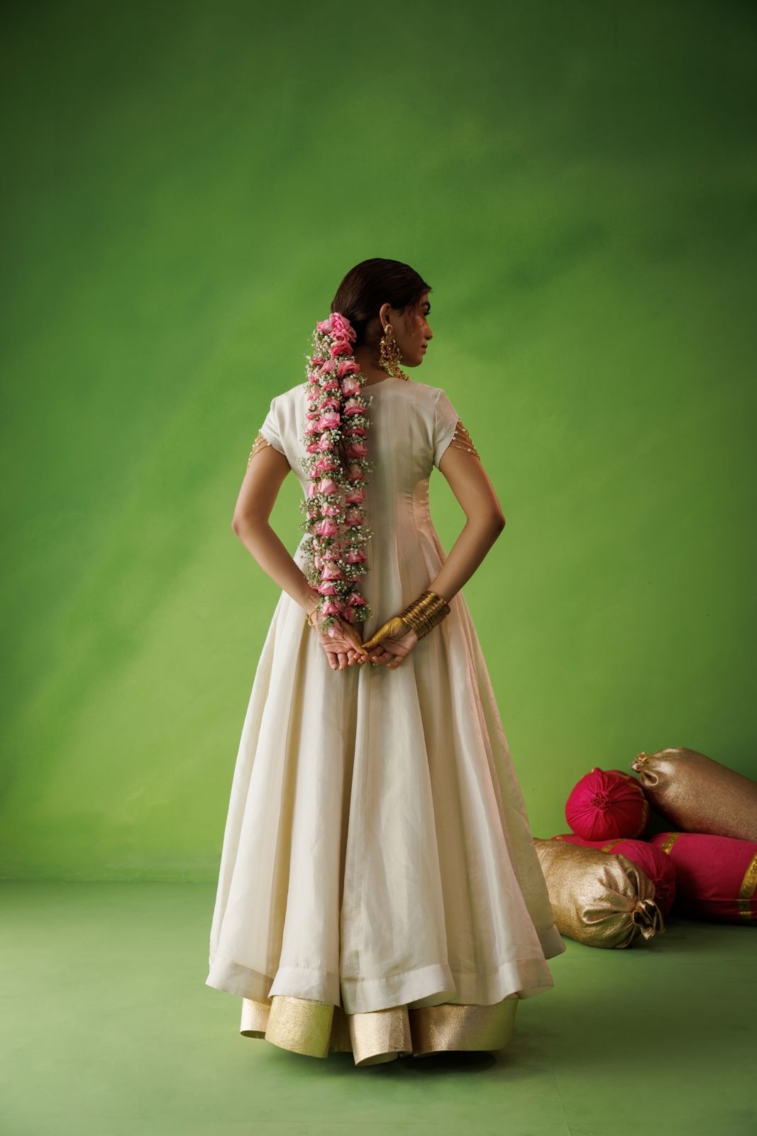 Beige Tissue Anarkali With Yellow Dupatta