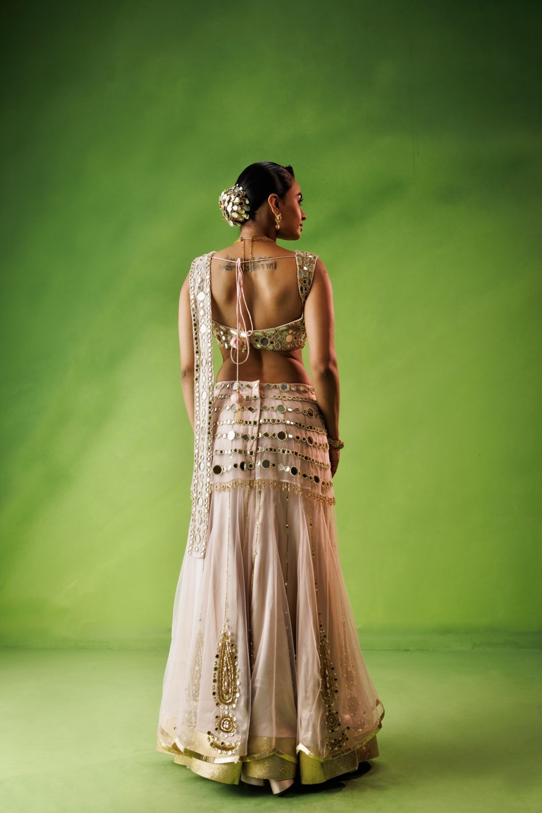 Baby Pink Mirror Work Net Saree Set