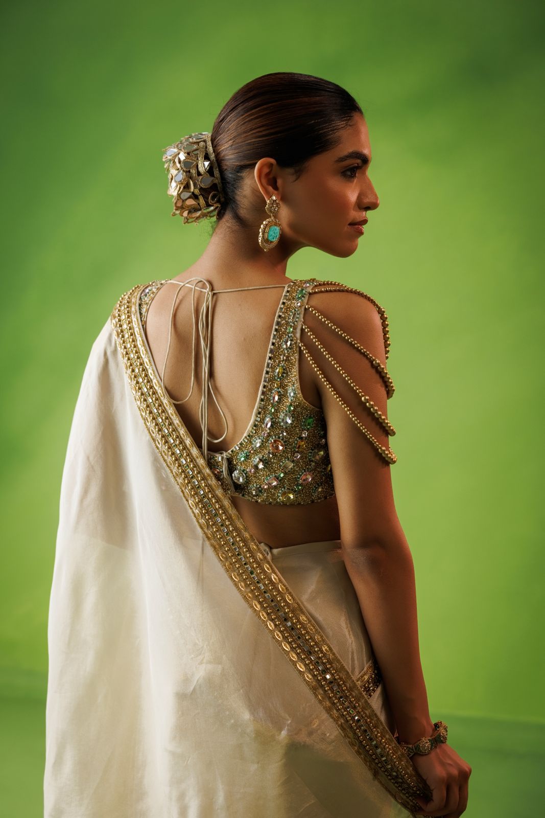 Beige tissue stone embelliished saree set