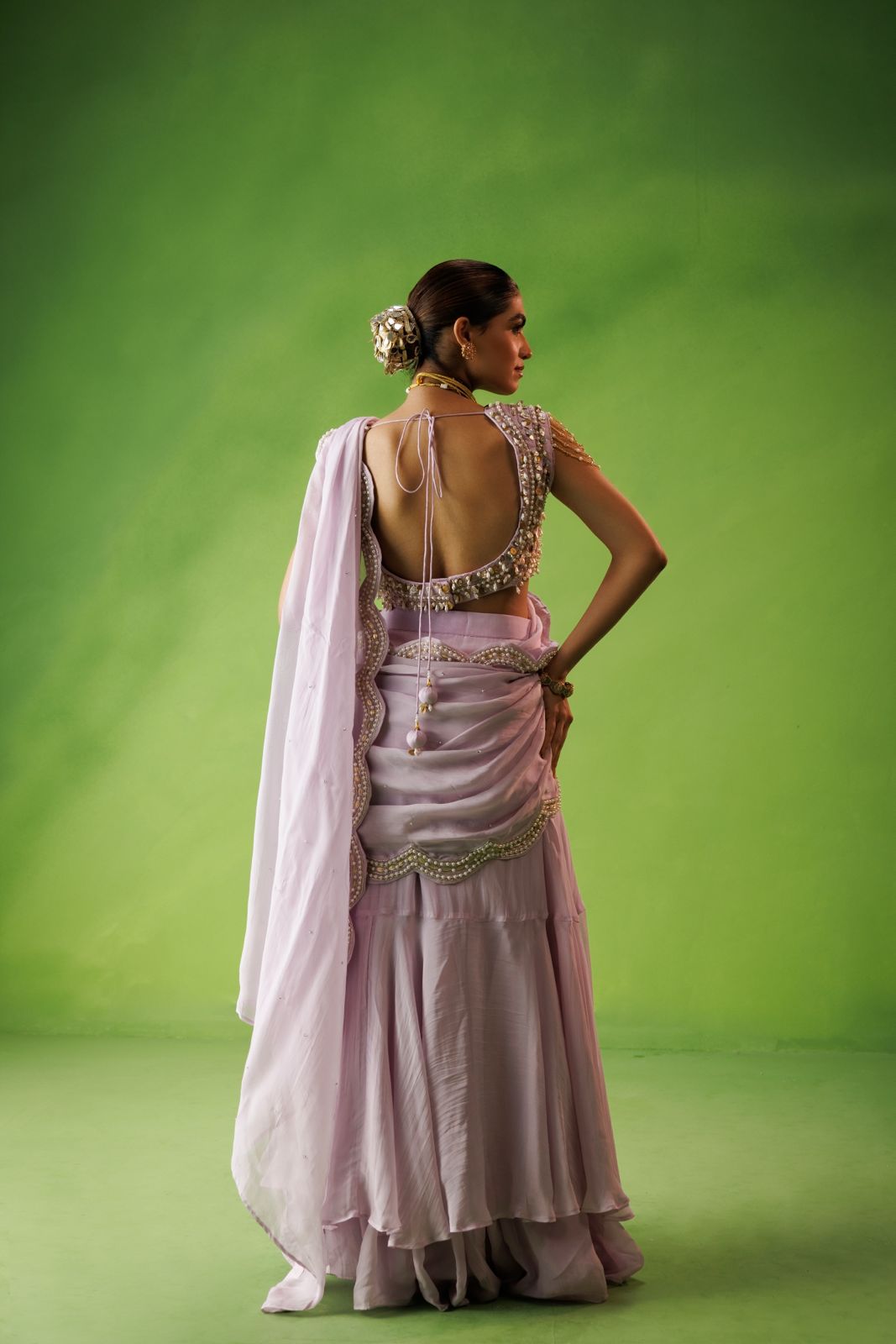 Lavender ruffle saree set
