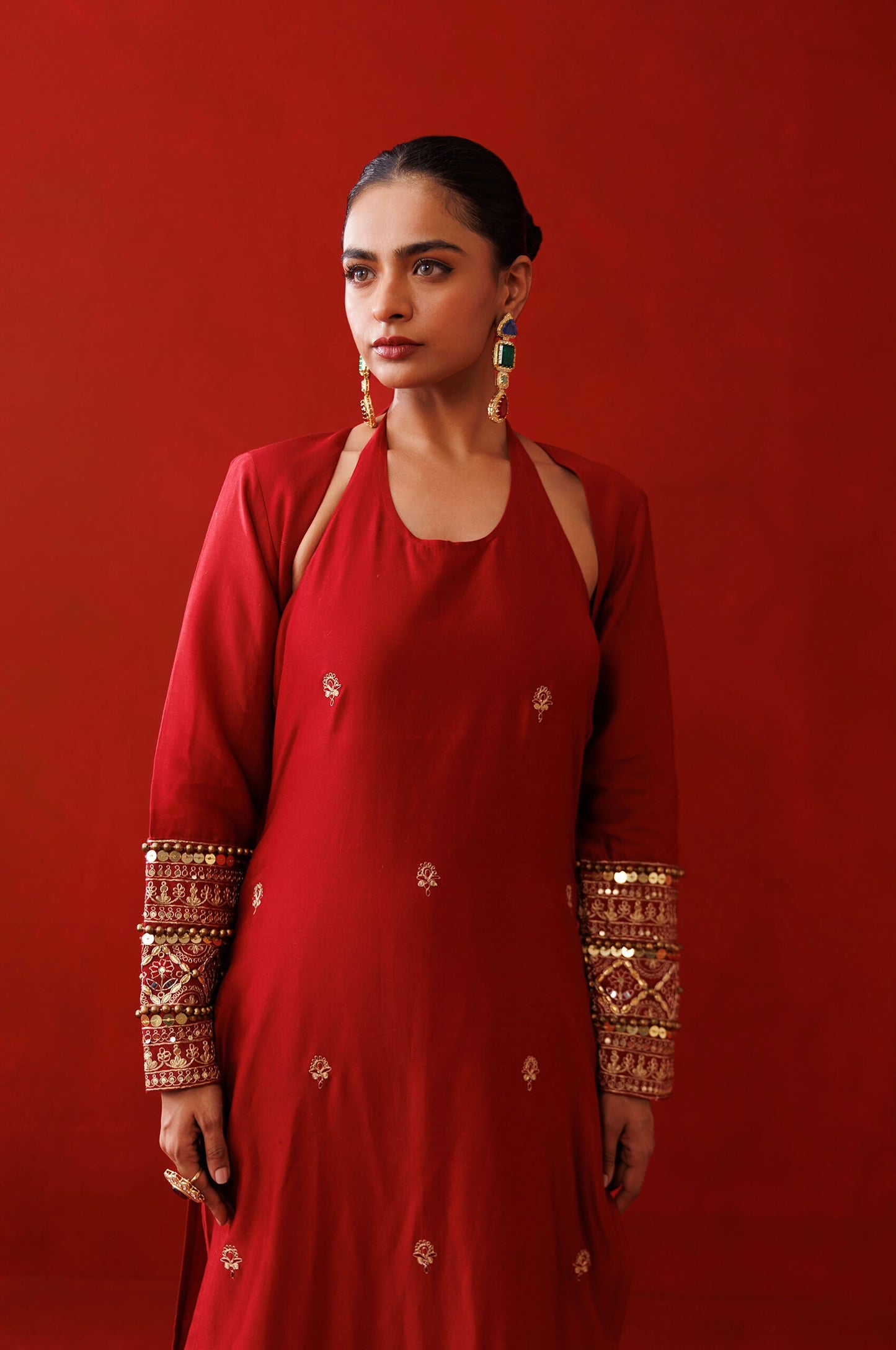 Rustic red halter neck kurta set