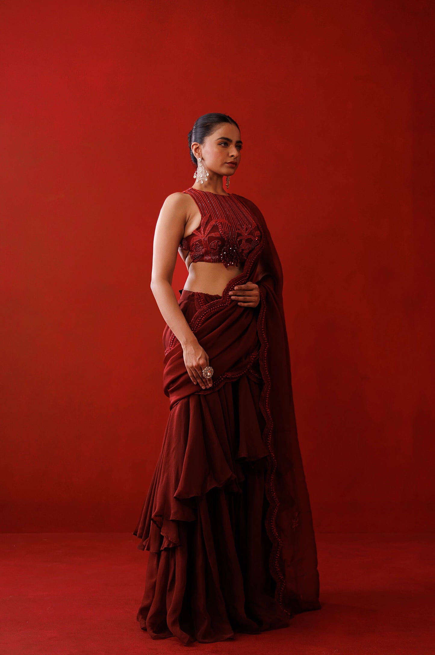 Maroon ruffle saree set