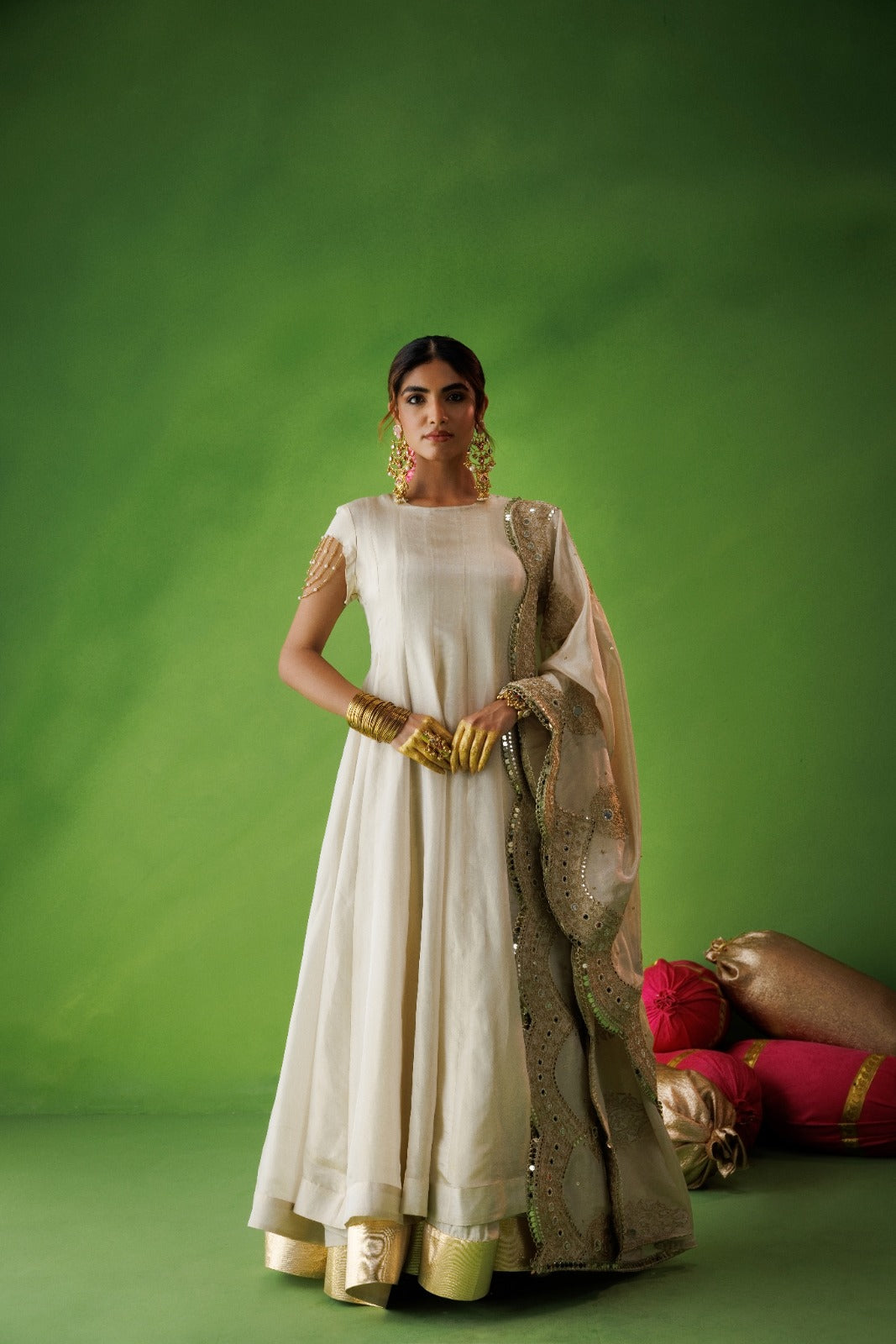 Beige Tissue Anarkali With Scallop Dupatta