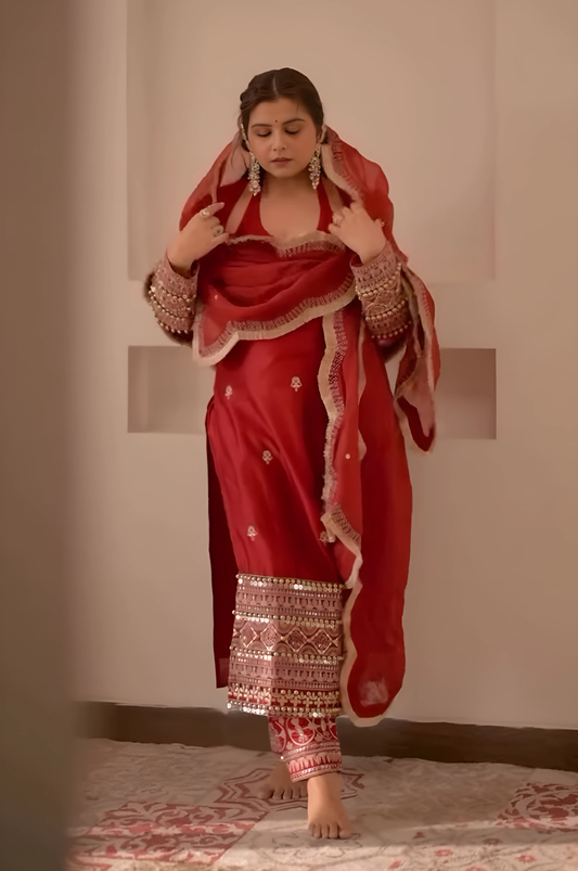 Radhika Bhardwaj Prakash in Rustic Red Halter Neck Kurta Set