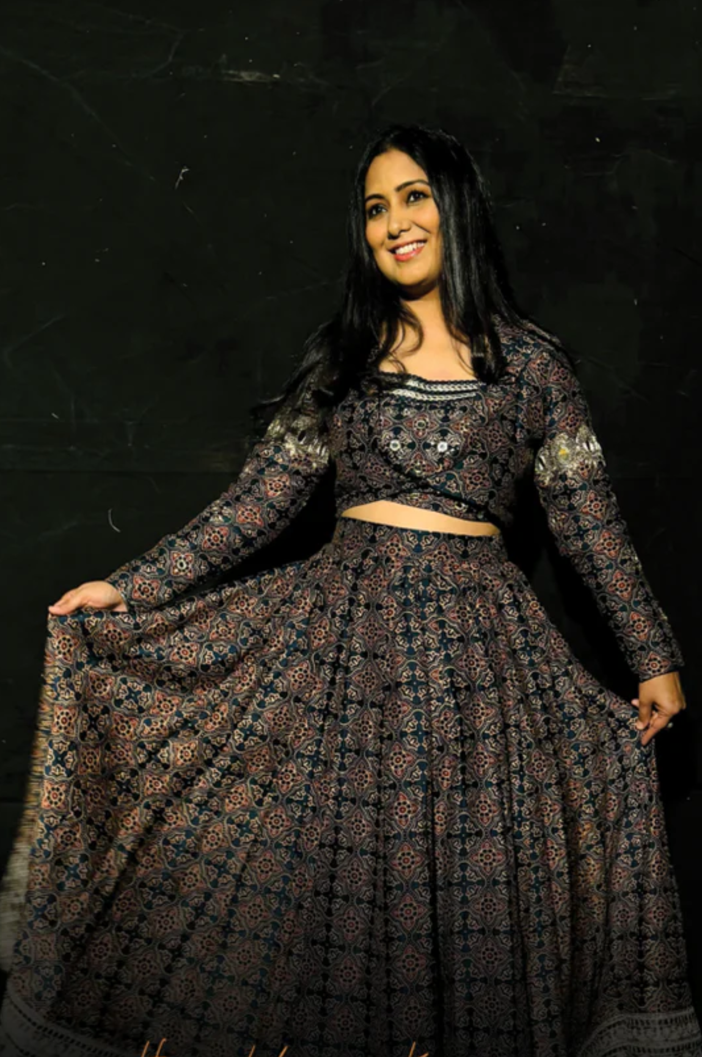 Harshdeep Kaur in Ajrakh Print Skirt and Coat Set