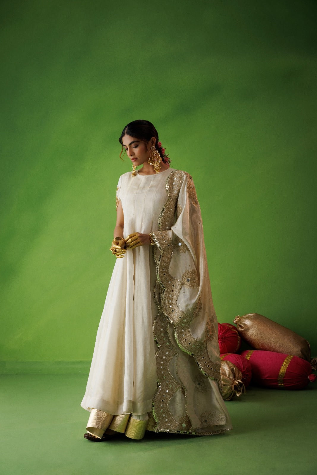 Beige Tissue Anarkali With Scallop Dupatta