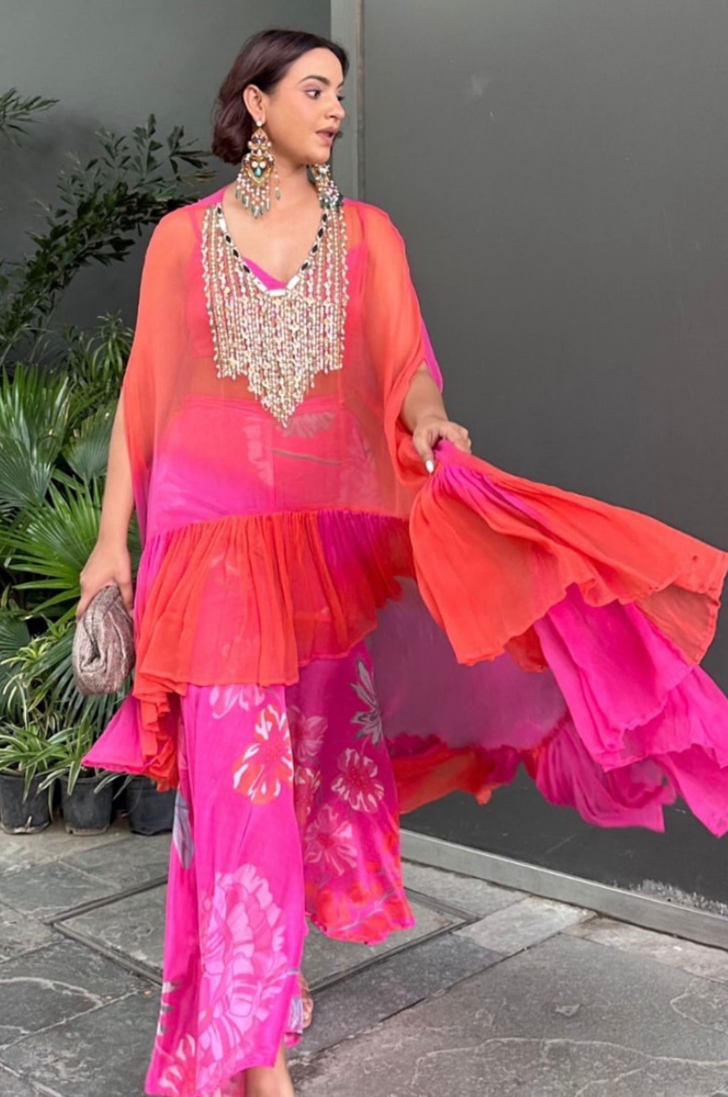Sapna Raich in Pink and Orange Pmbre Cape Set