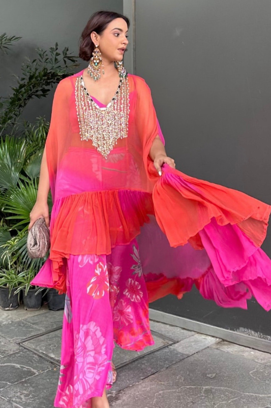 Sapna Raich in Pink and Orange Pmbre Cape Set