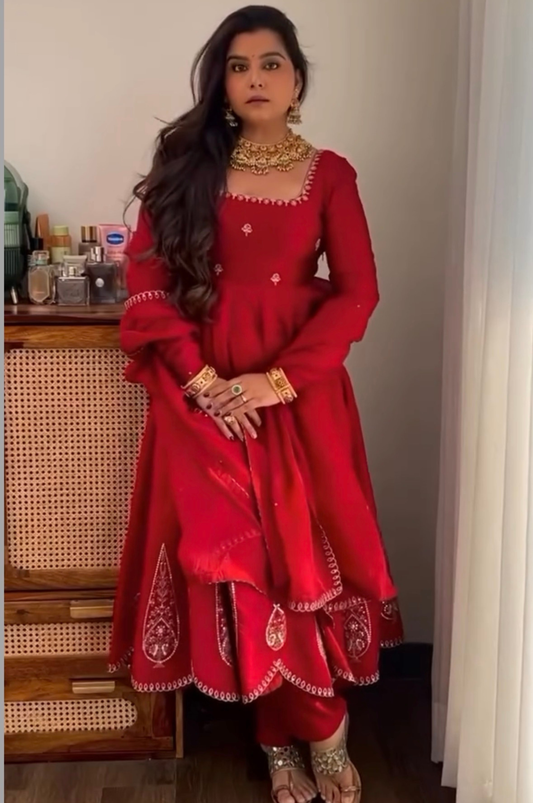 Anandhika in Rustic Red Anarkali Set