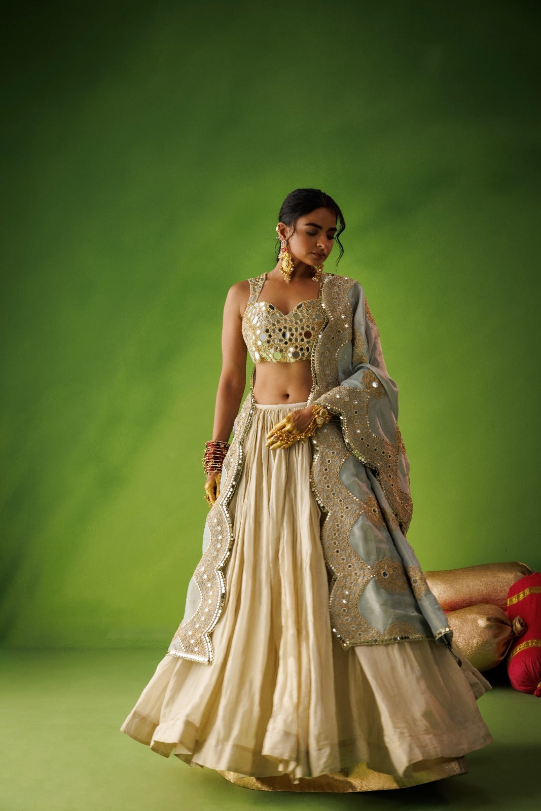Beige Crushed Tissue Lehenga Set With Blue Dupatta