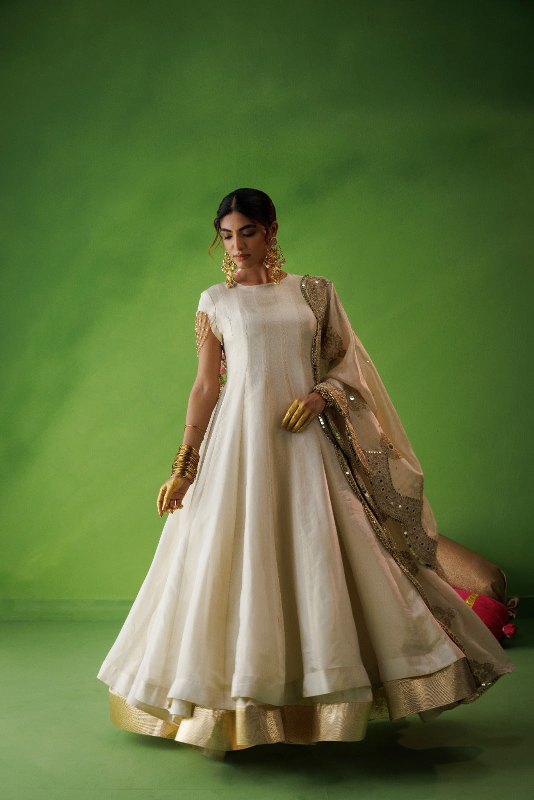 Beige Tissue Anarkali With Scallop Dupatta