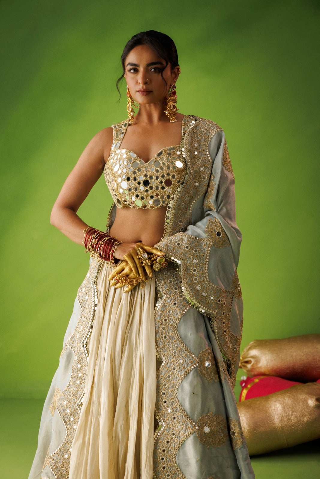 Beige Crushed Tissue Lehenga Set With Blue Dupatta